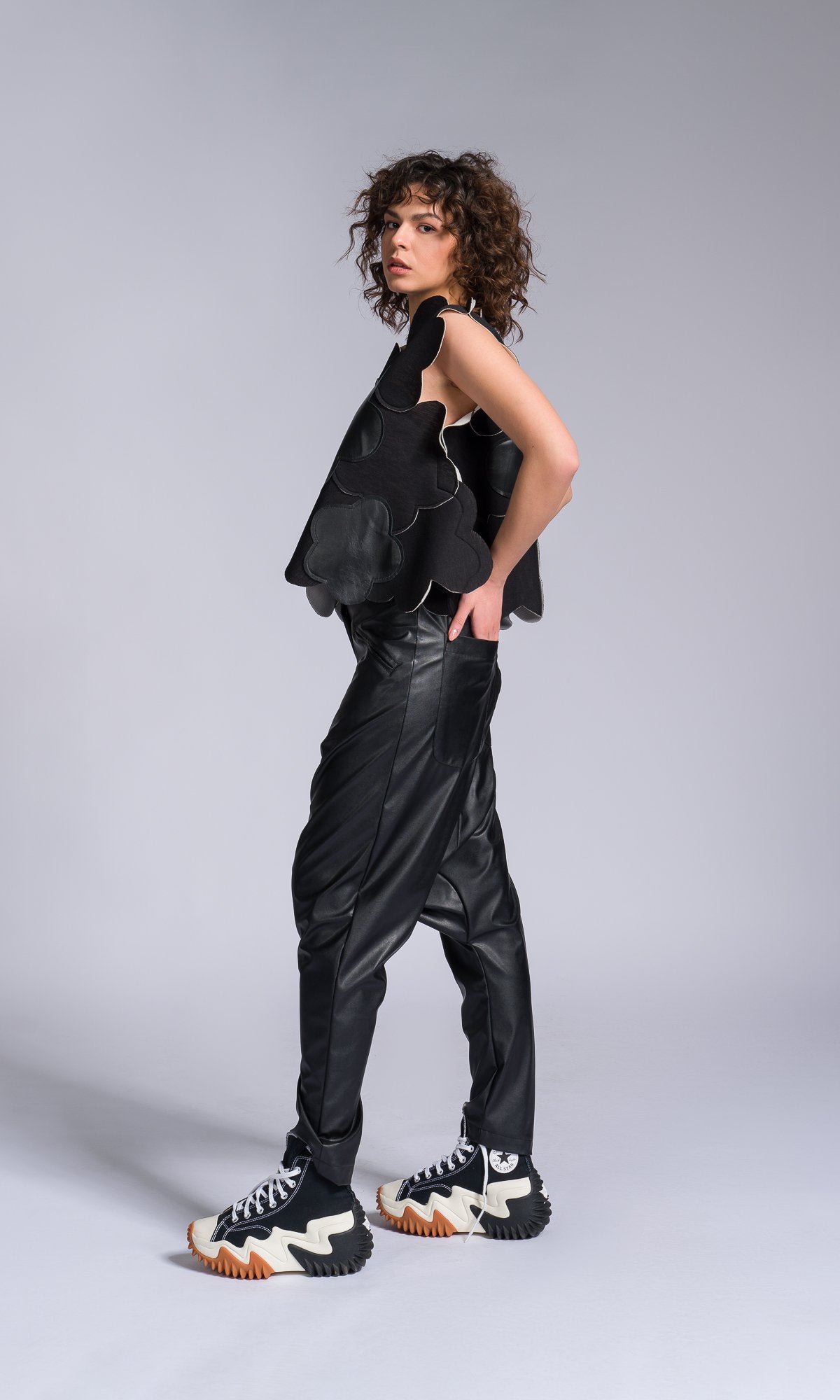 Vegan Leather Pants with Deep Drop Crotch - AAKASHA