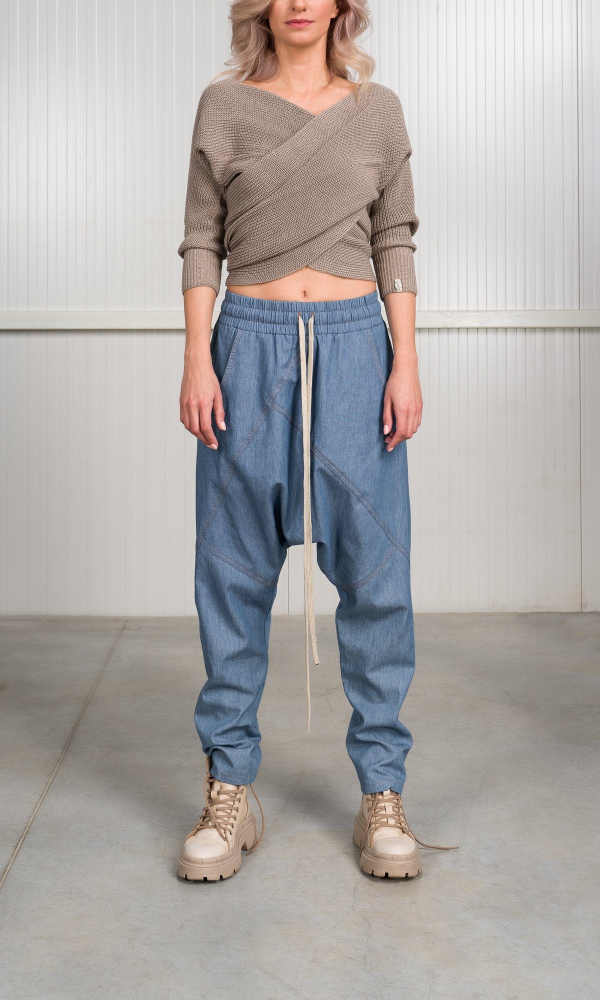 Chambray Pants with Seam Details - AAKASHA