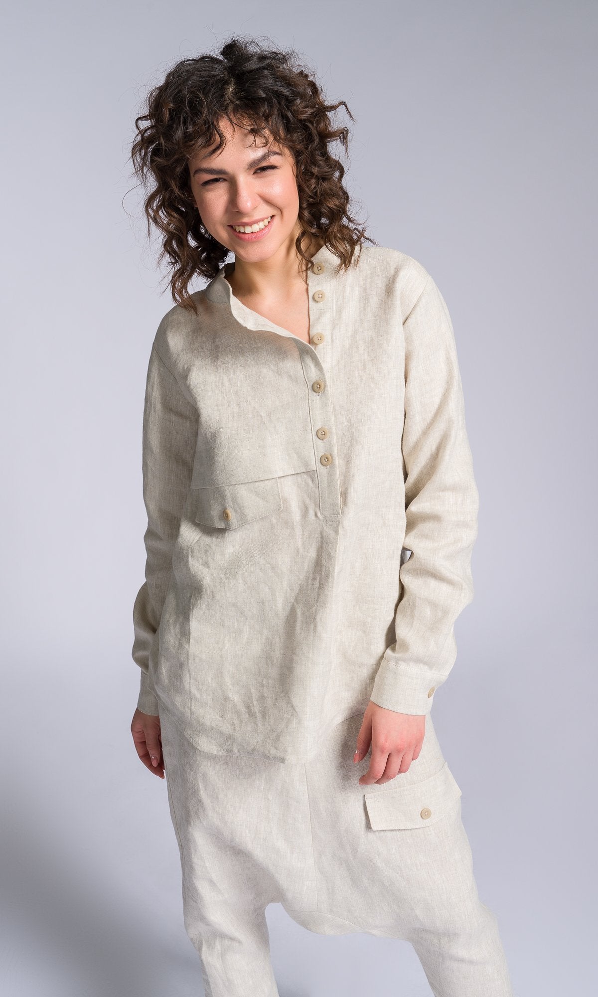 Two-piece Set of Linen Shirt and Pants with Decorative Flap Pockets - AAKASHA