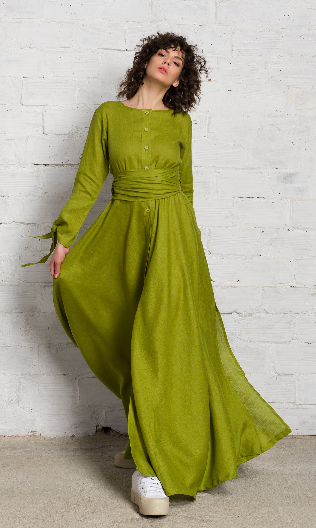 Long Linen Shirt Dress with Belt - AAKASHA