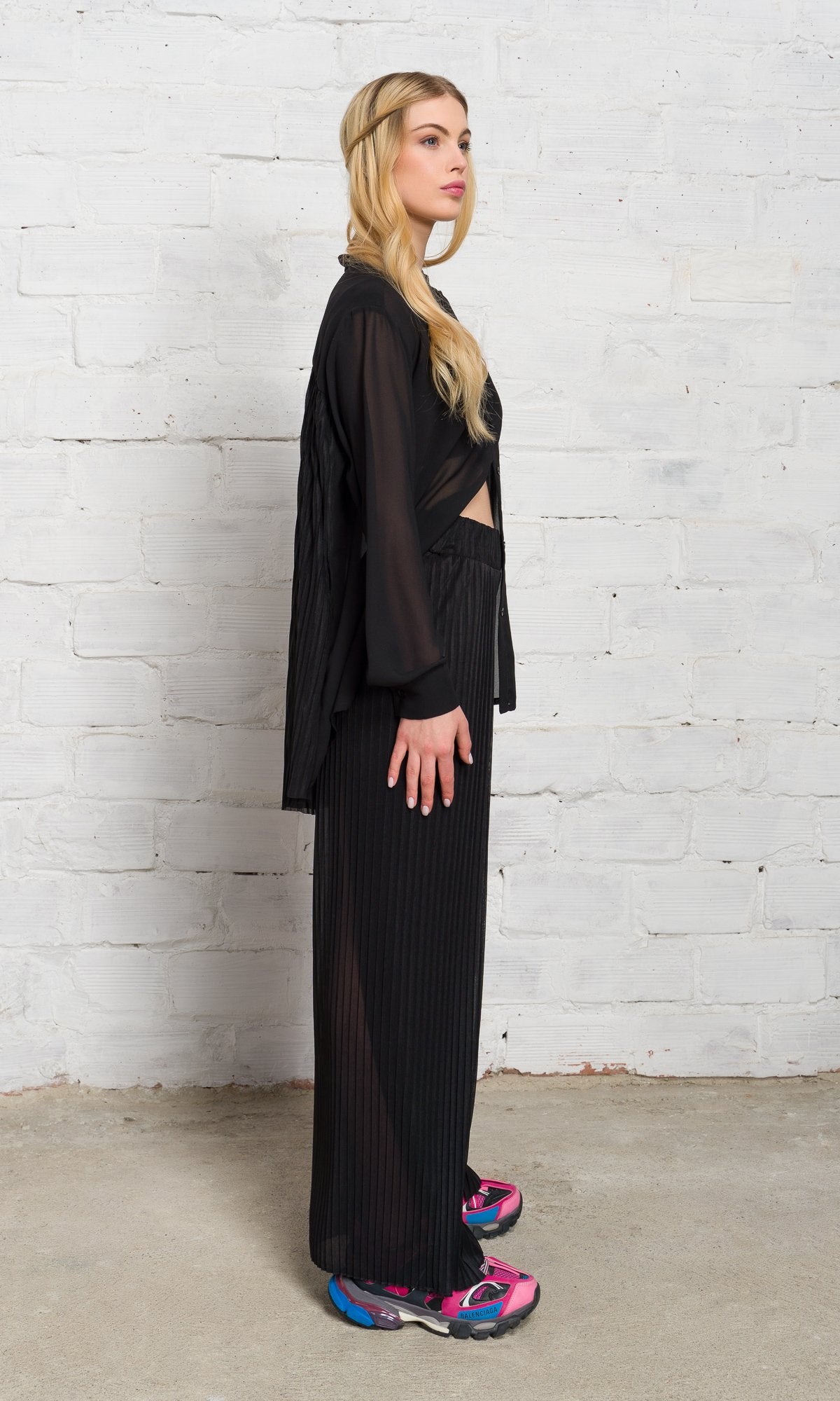 Sheer Pleated Wide Leg Pants