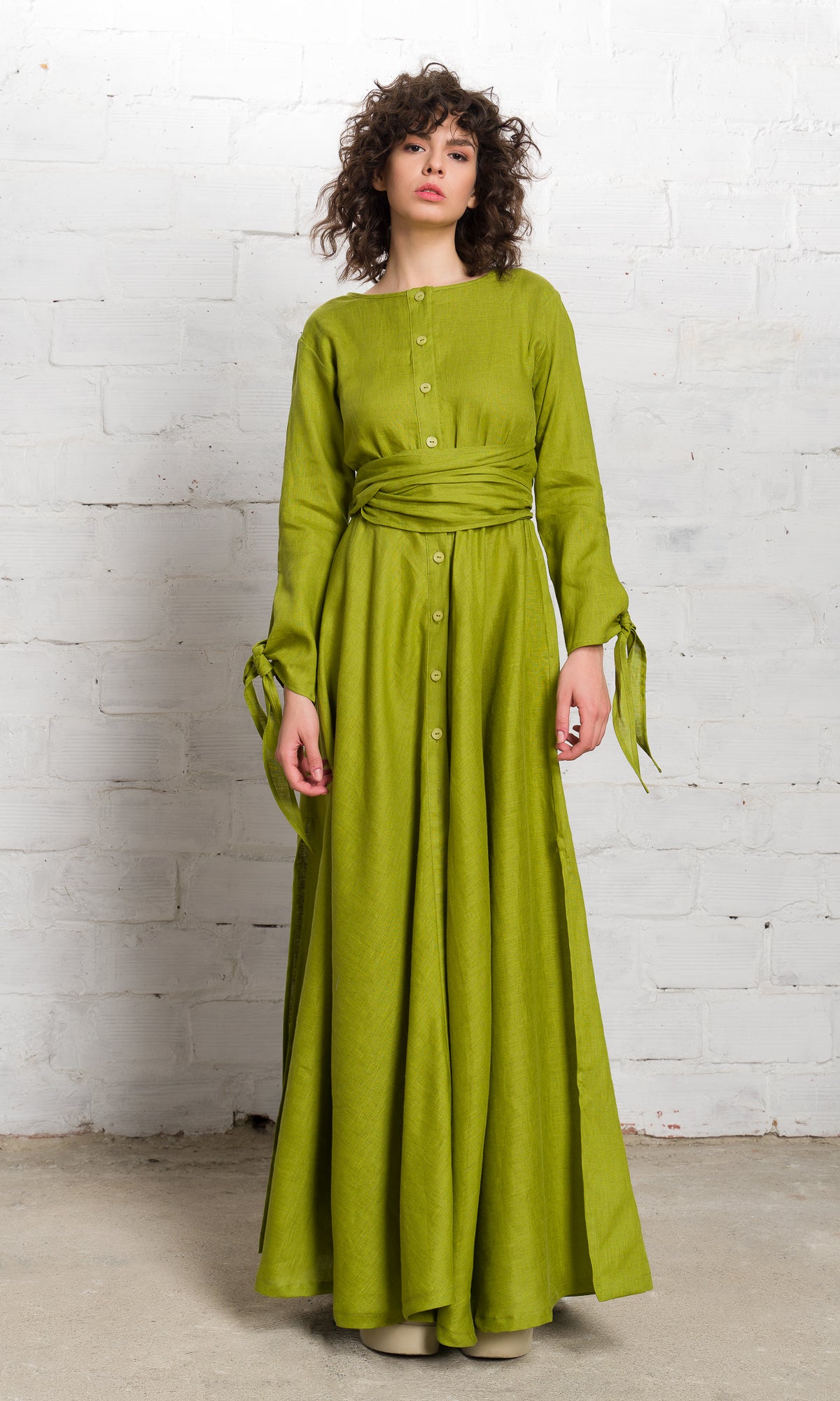 Long Linen Shirt Dress with Belt - AAKASHA