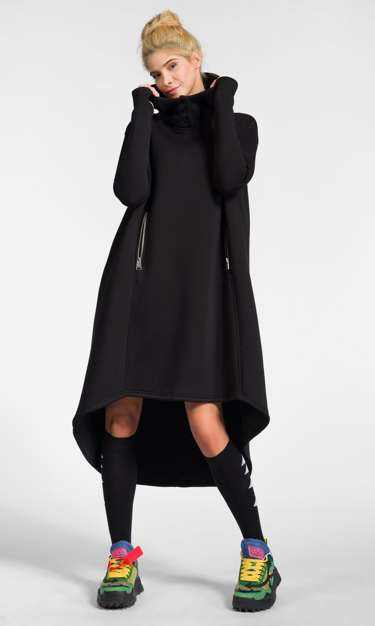 Extra Long Hoodie Dress with Zipper Pockets - AAKASHA