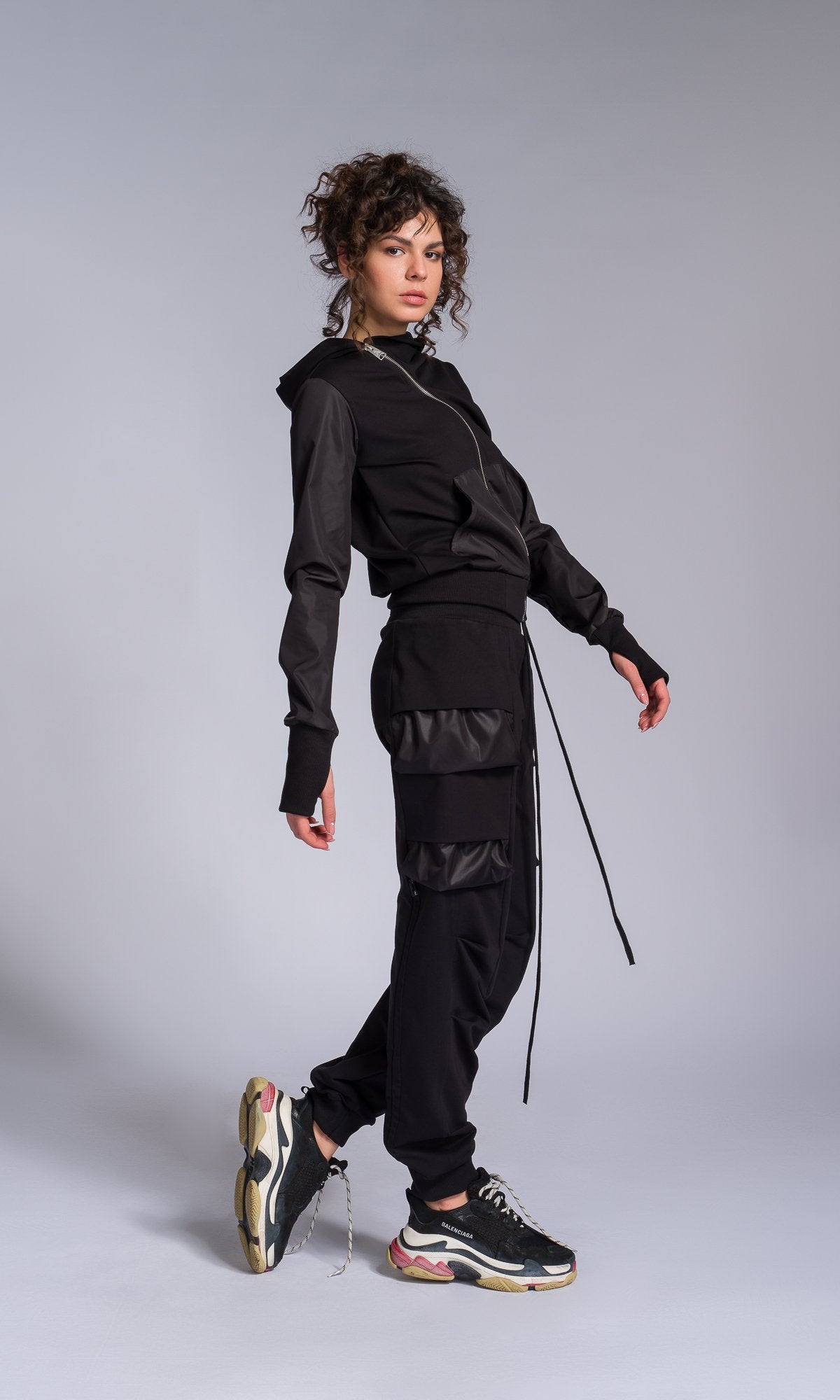 Two-piece Set of Jogger Pants and Hoodie with Asymmetric Closure - AAKASHA