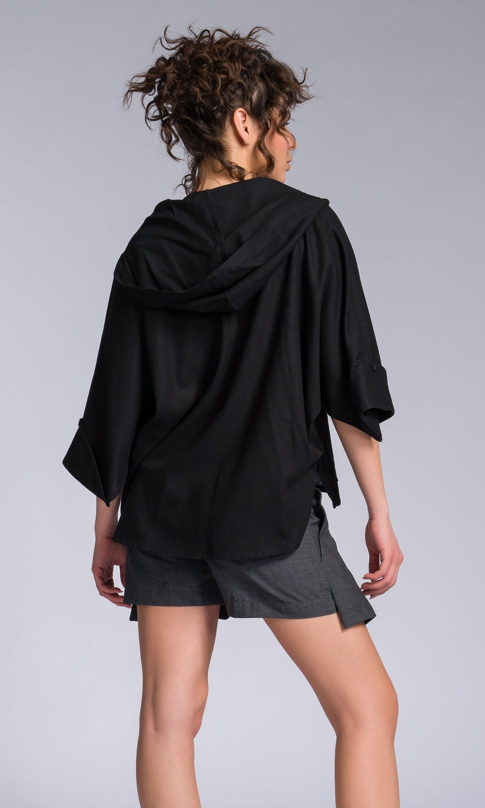 Red V Neck Button Linen Parka Batwing Sleeve main image 1