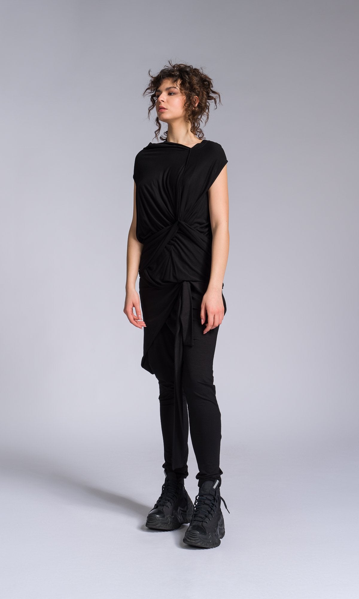 Two-piece Set of Twisted Drapes Top and Jersey Wrap Pants - AAKASHA