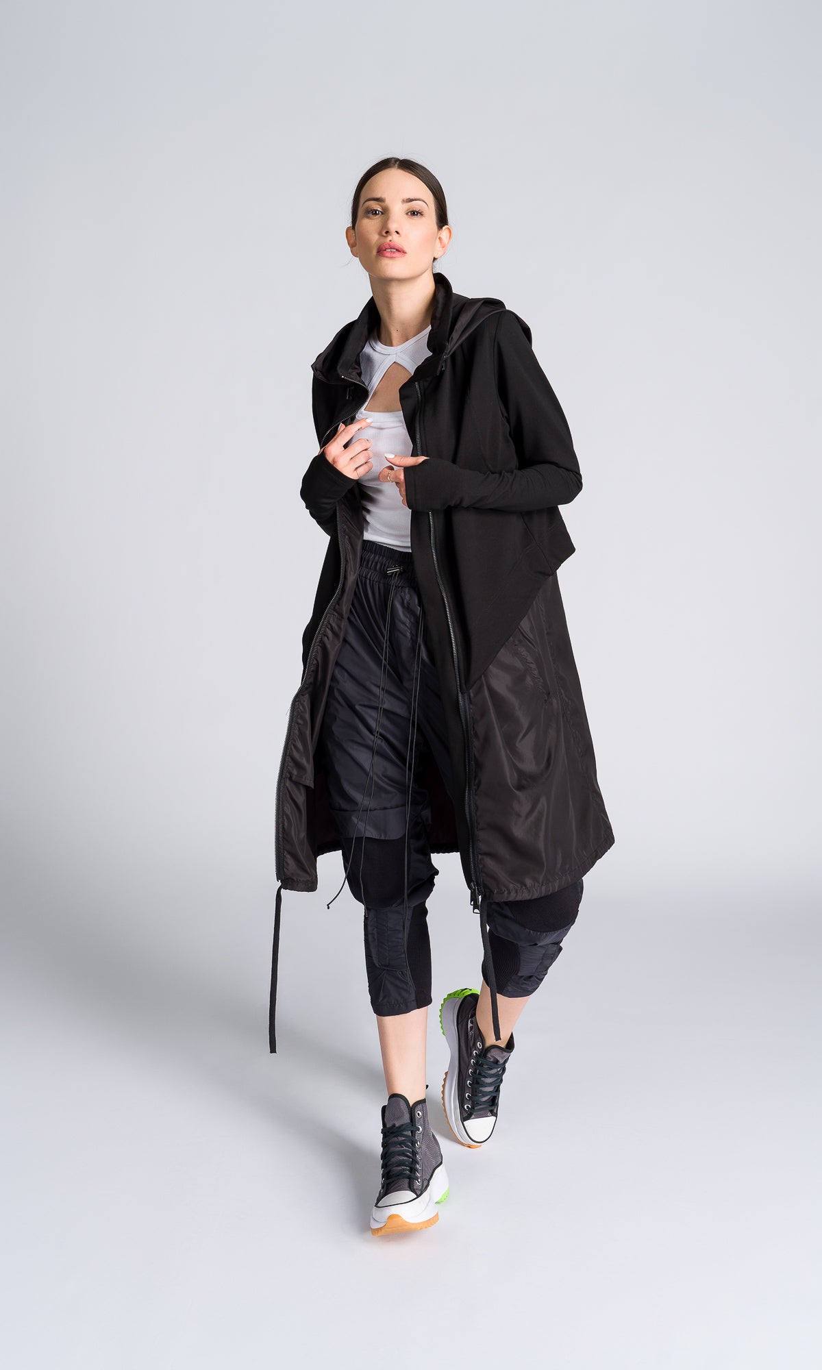 Long Hooded Jacket with Backpack Straps - AAKASHA