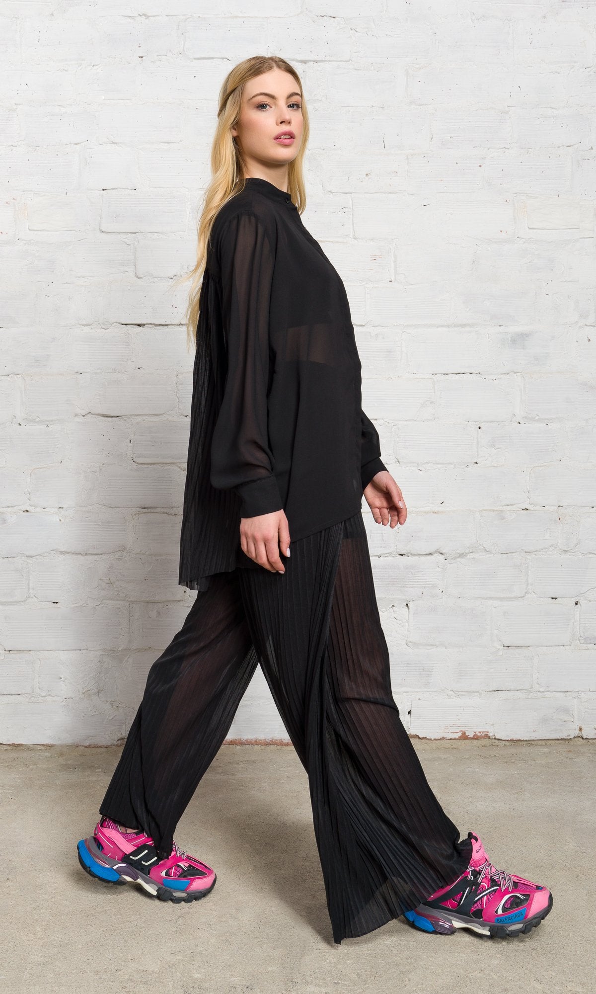 Sheer Pleated Wide Leg Pants