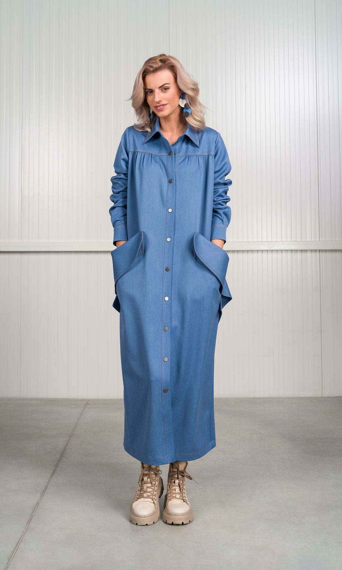 Chambray Shirt Dress with Flap Pockets - AAKASHA