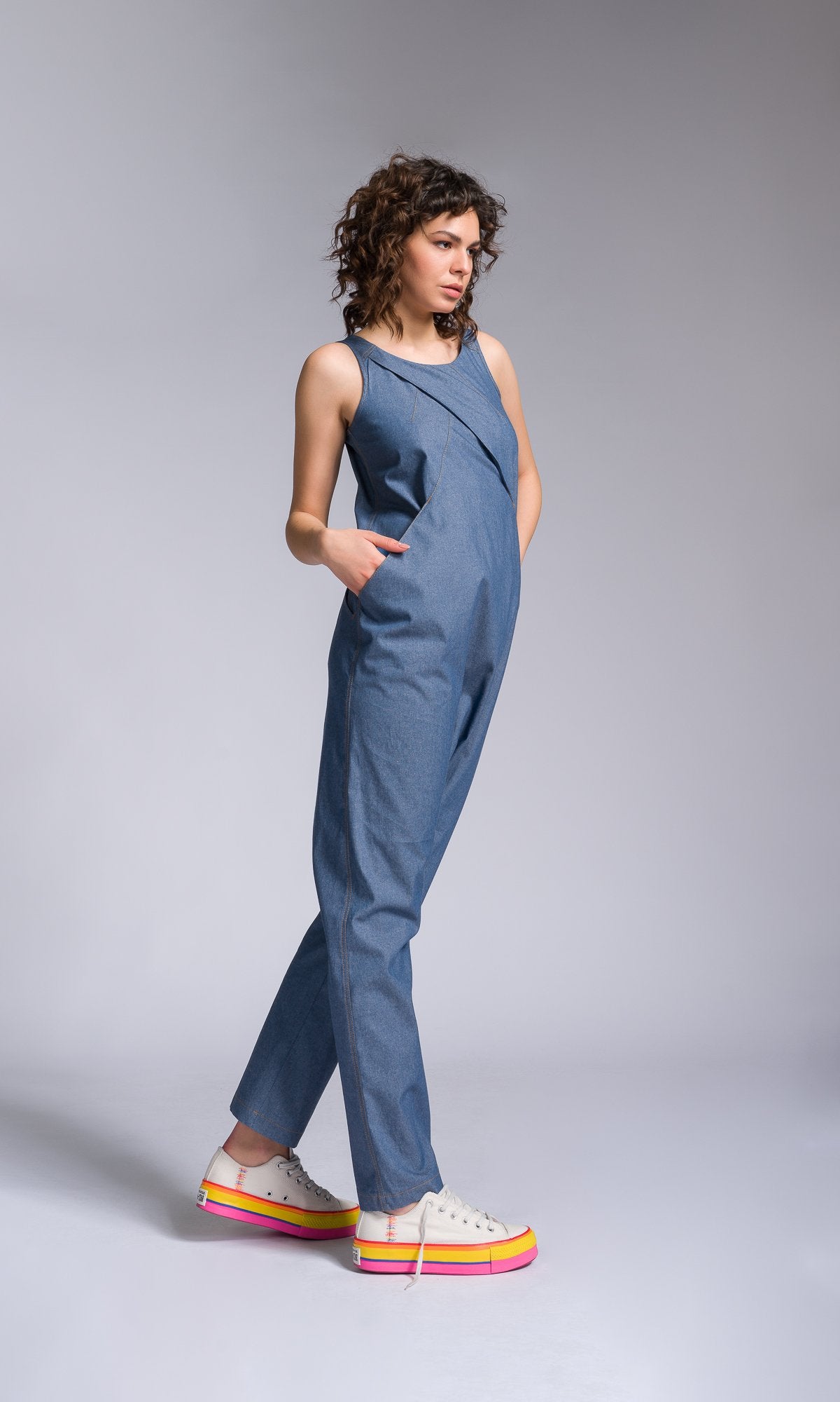 Chambray Jumpsuit with Overlap Front - AAKASHA