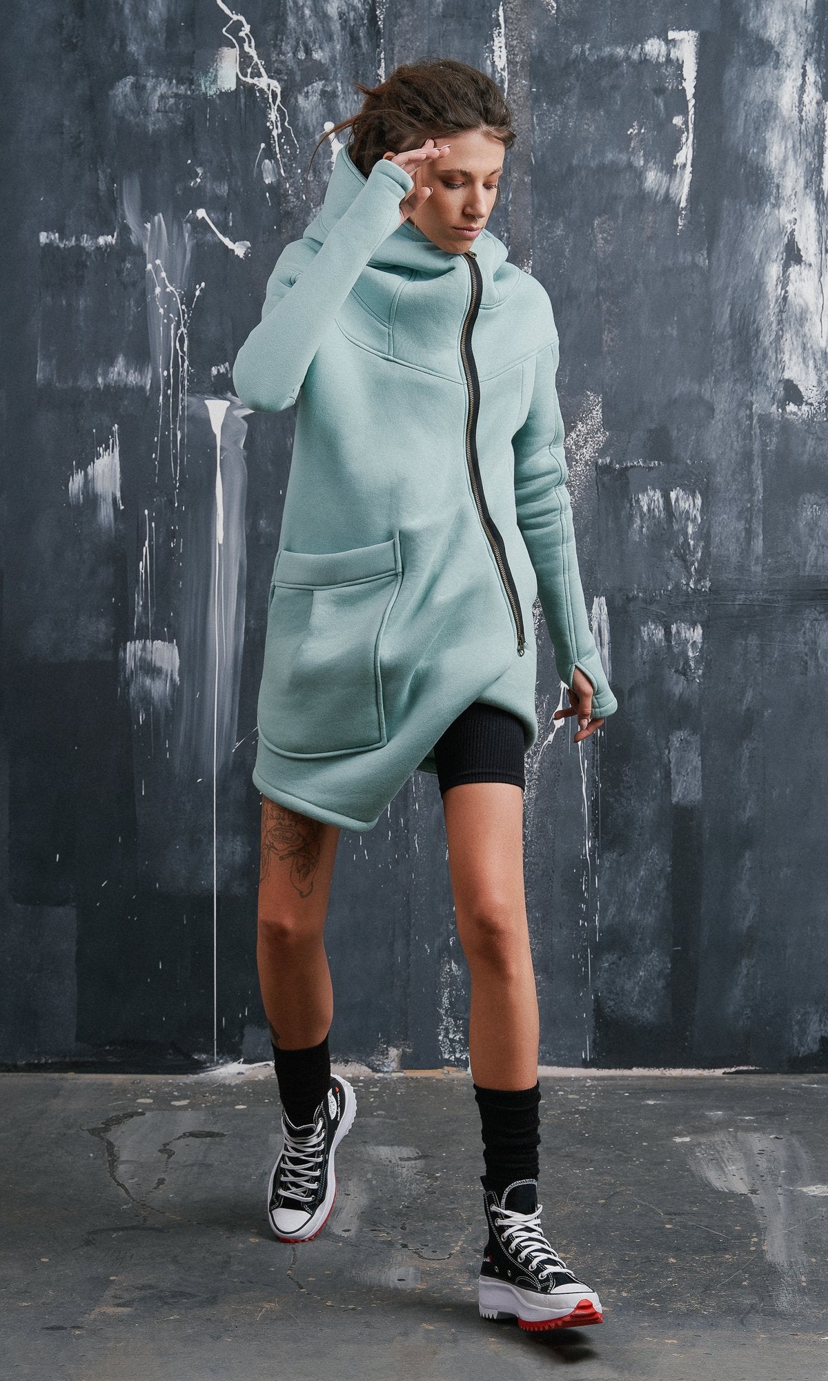 Cotton Fleece Hoodie with Asymmetric Closure - AAKASHA