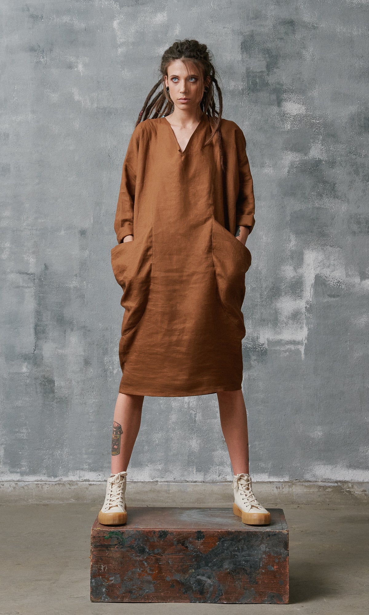 Midi Linen Dress with Large Pockets