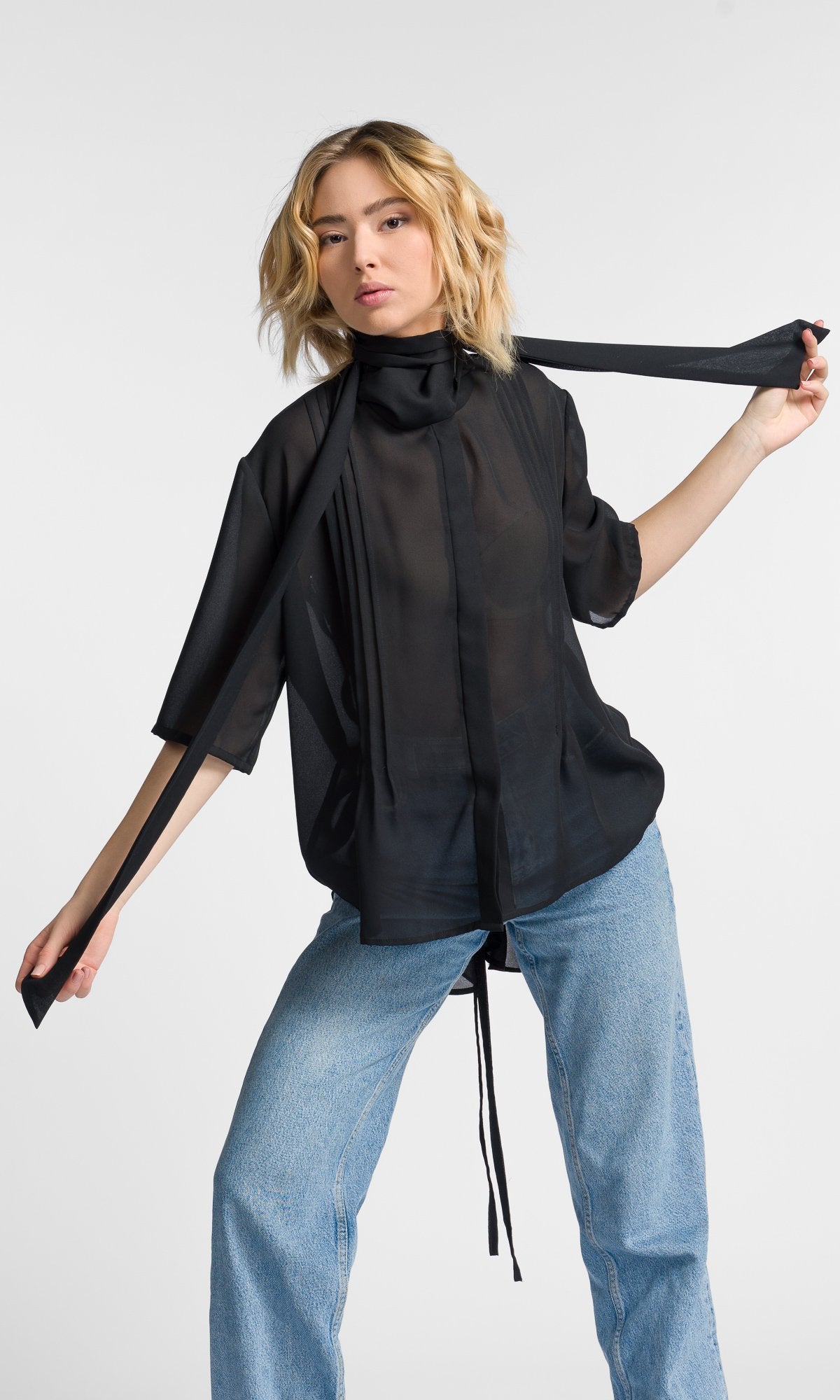 Chiffon Shirt with Long Scarf Collar