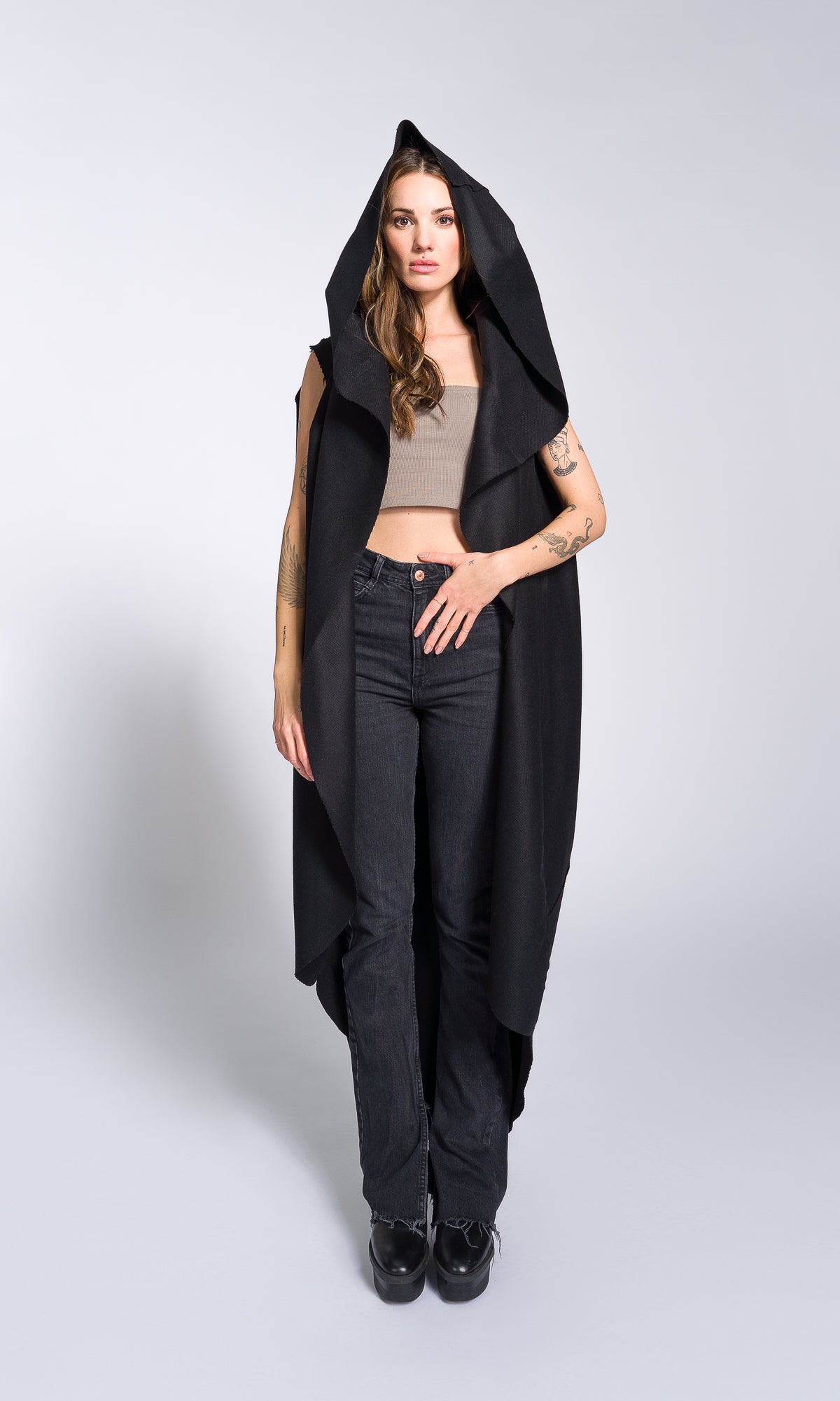 Sleeveless Cape Coat with Large Hood - AAKASHA