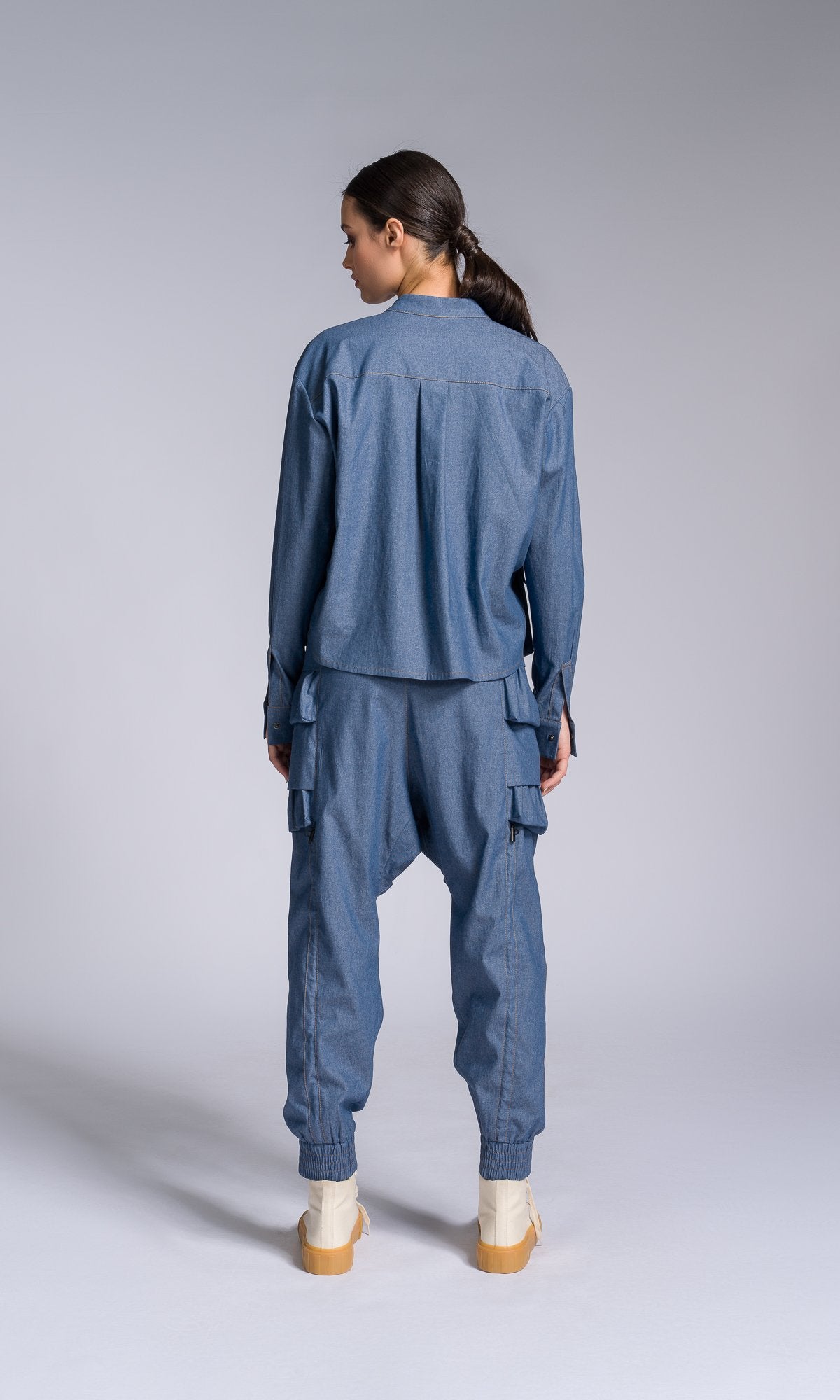 Two-piece Set of Chambray Pants and Shirt with Layered Cargo Pockets - AAKASHA