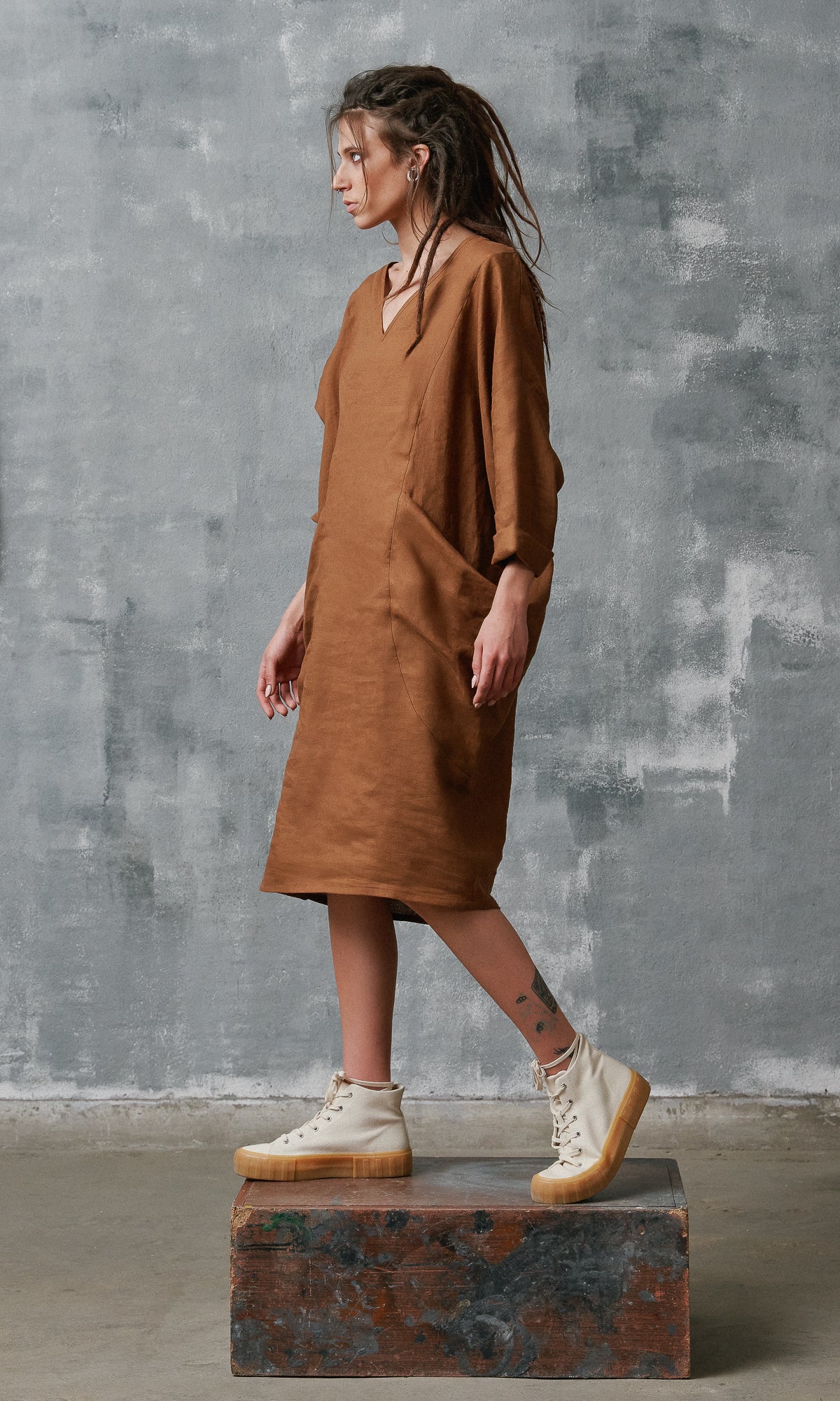 Midi Linen Dress with Large Pockets - AAKASHA