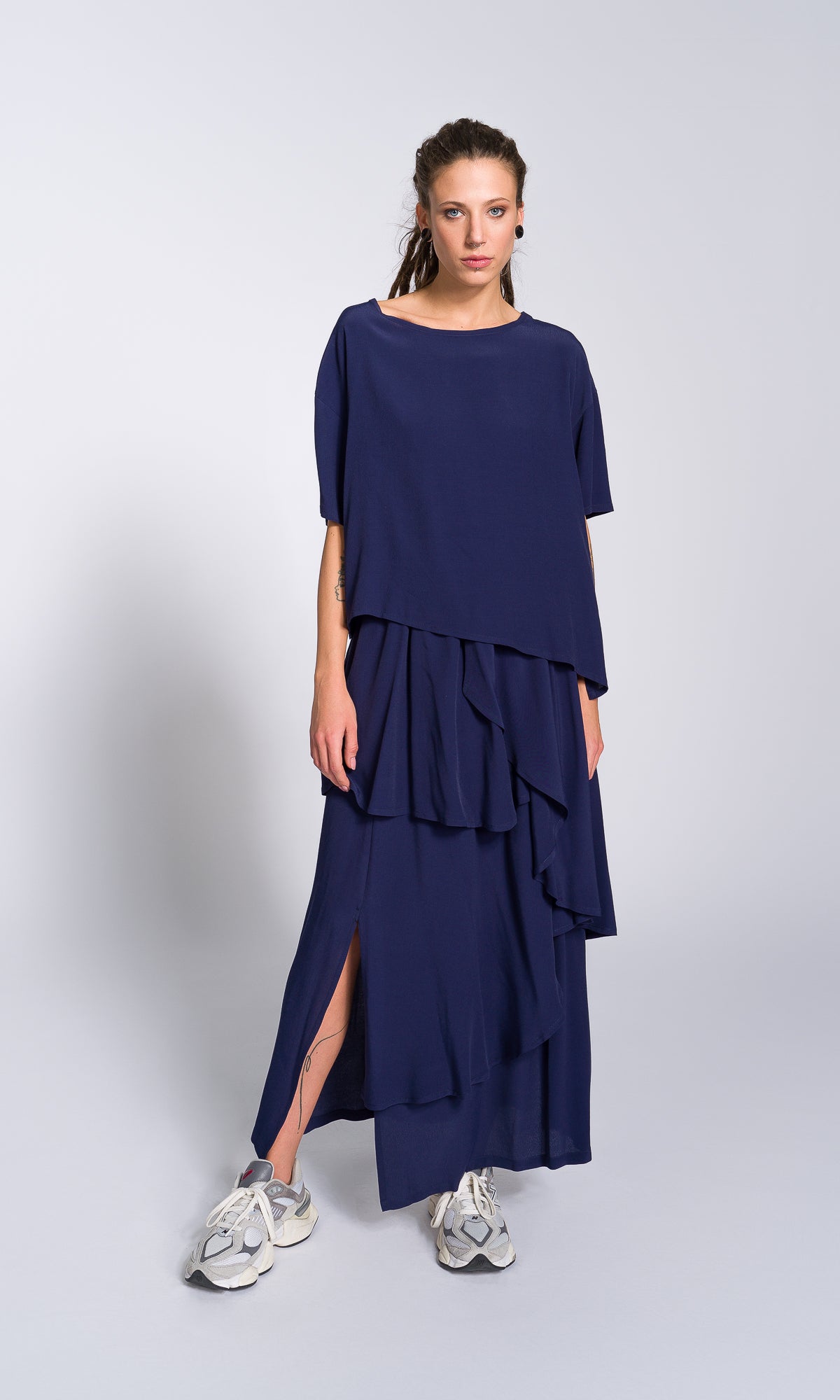 Two-piece Set of Layered Georgette Skirt and Loose Asymmetric T-Shirt - AAKASHA