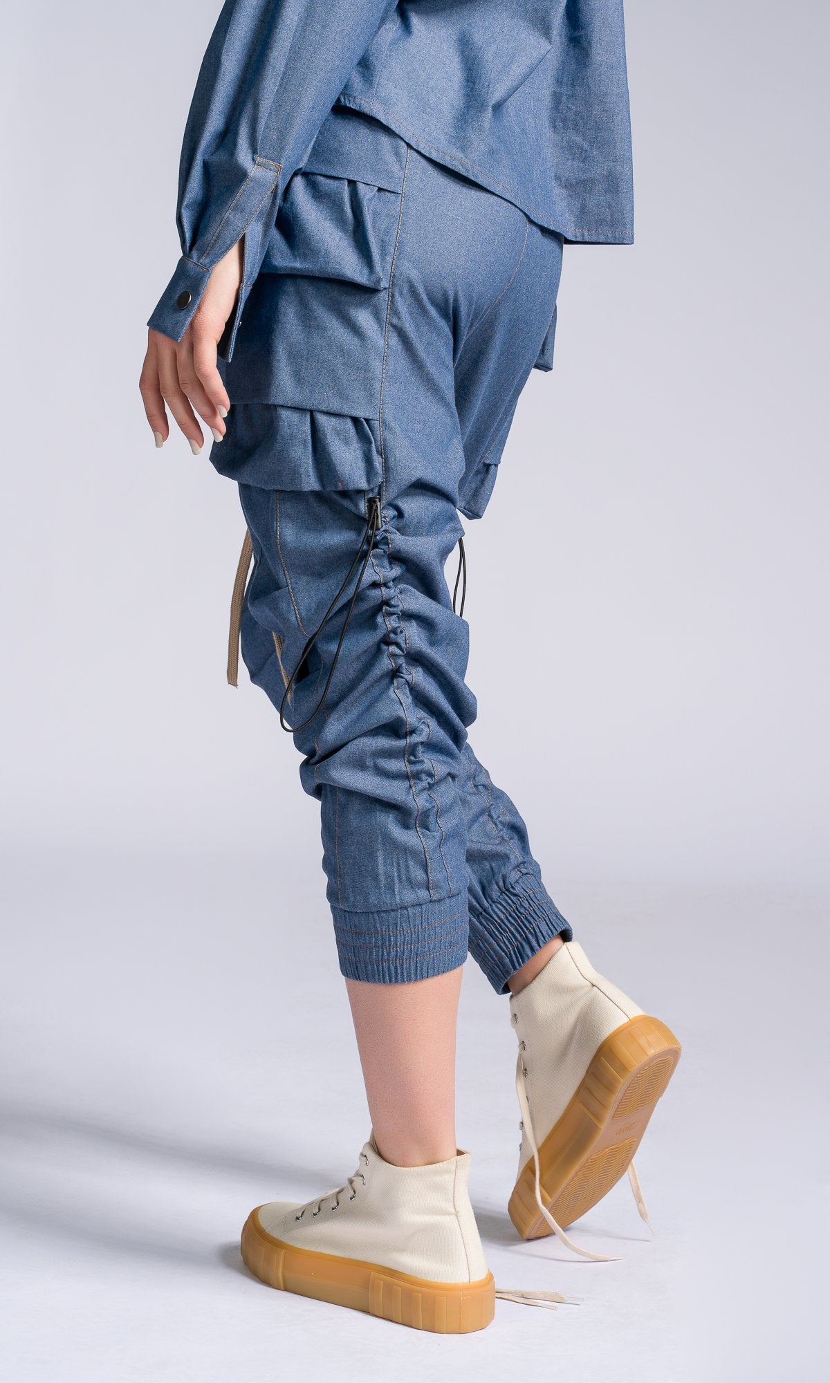 Chambray Pants with Layered Pockets - AAKASHA