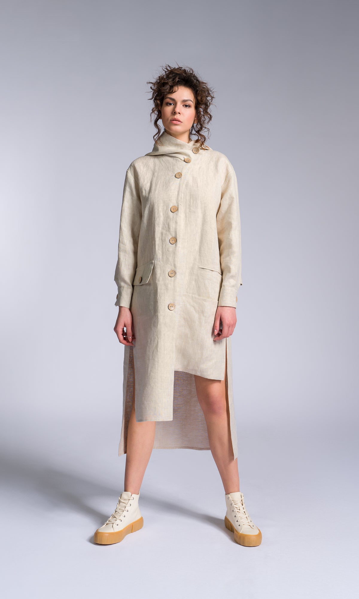 Hooded Shirt Dress with Asymmetric Hem - AAKASHA