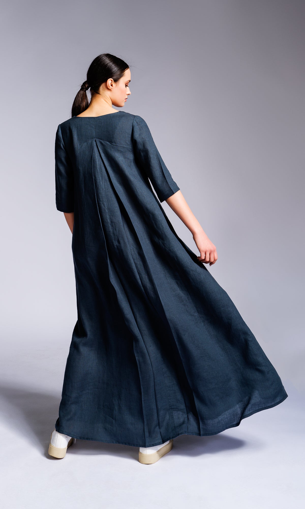 Maxi Linen Dress with Inverted Pleat