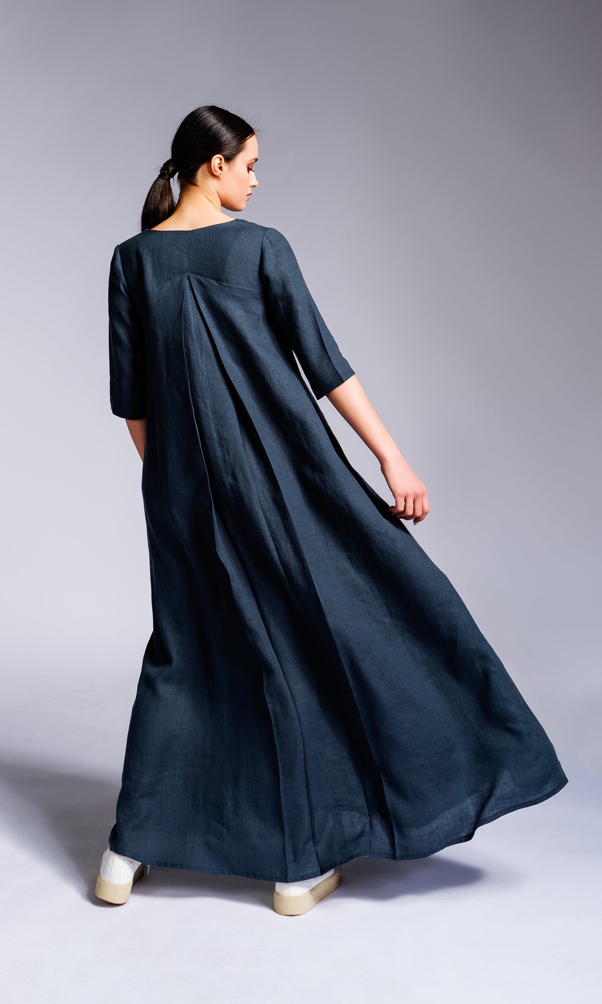 Maxi Linen Dress with Inverted Pleat - AAKASHA