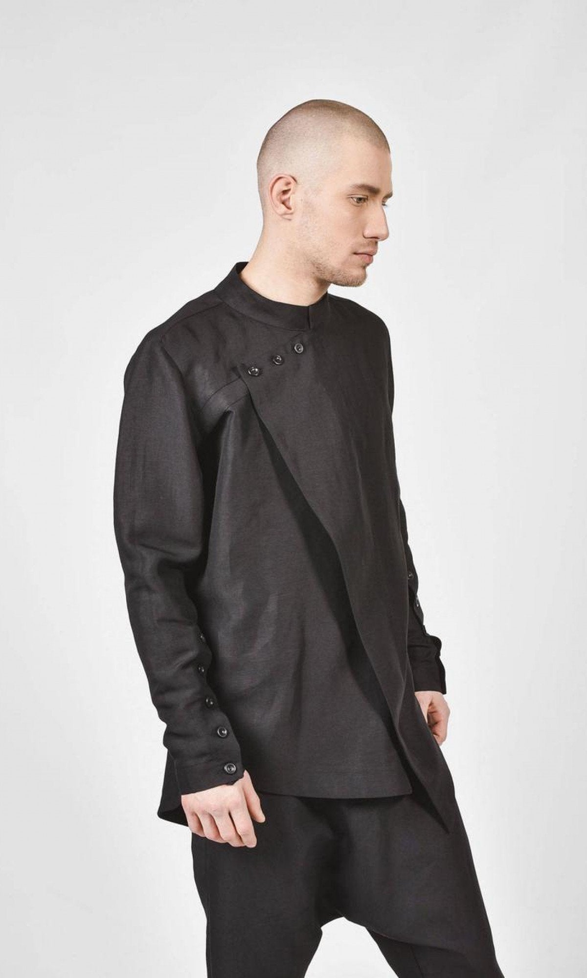 Black Loose High Colar Linen Shirt