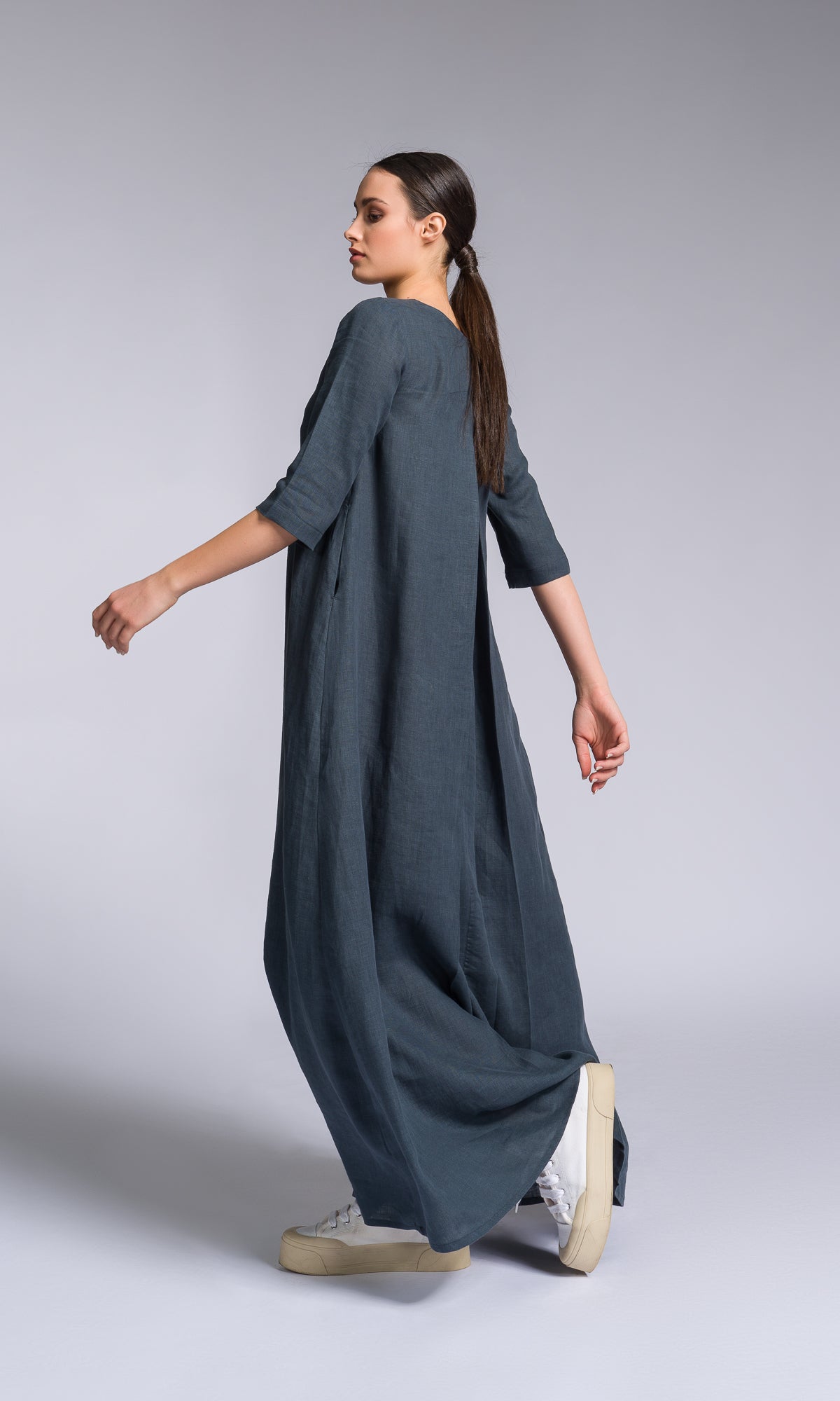 Maxi Linen Dress with Inverted Pleat - AAKASHA