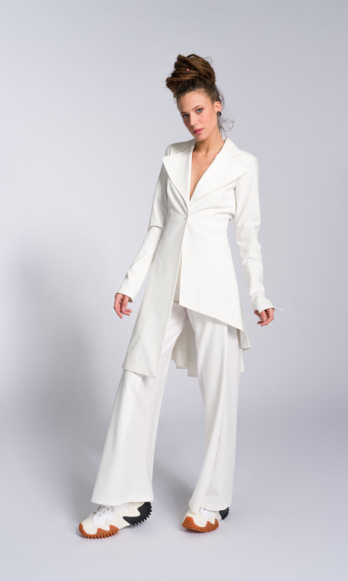 Two-piece Set of Asymmetric Buttoned Blazer and Wide Leg Pants - AAKASHA