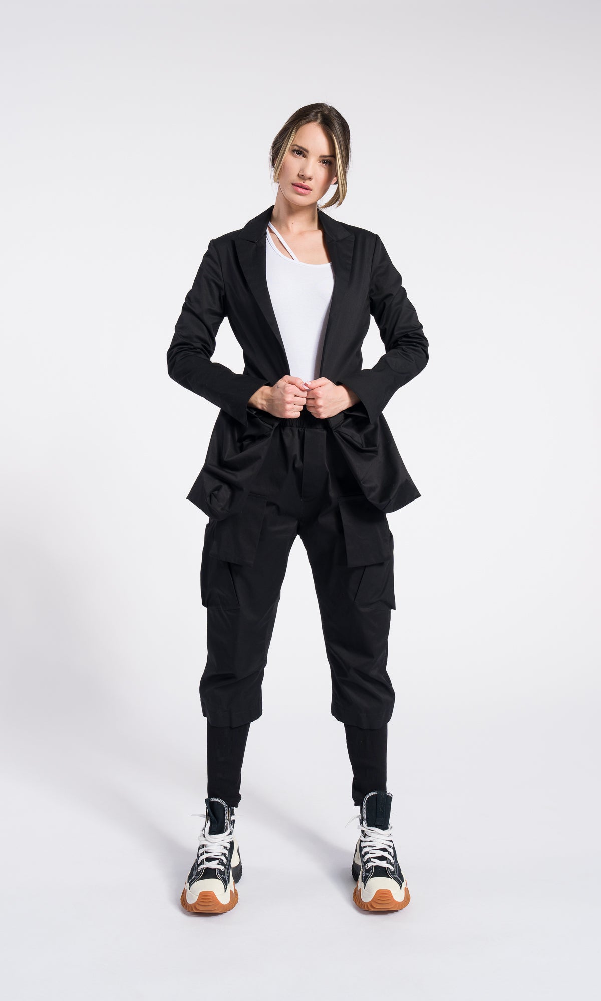 Black Asymmetrical Utility Blazer with Statement Pockets – Modern Minimalist Jacket