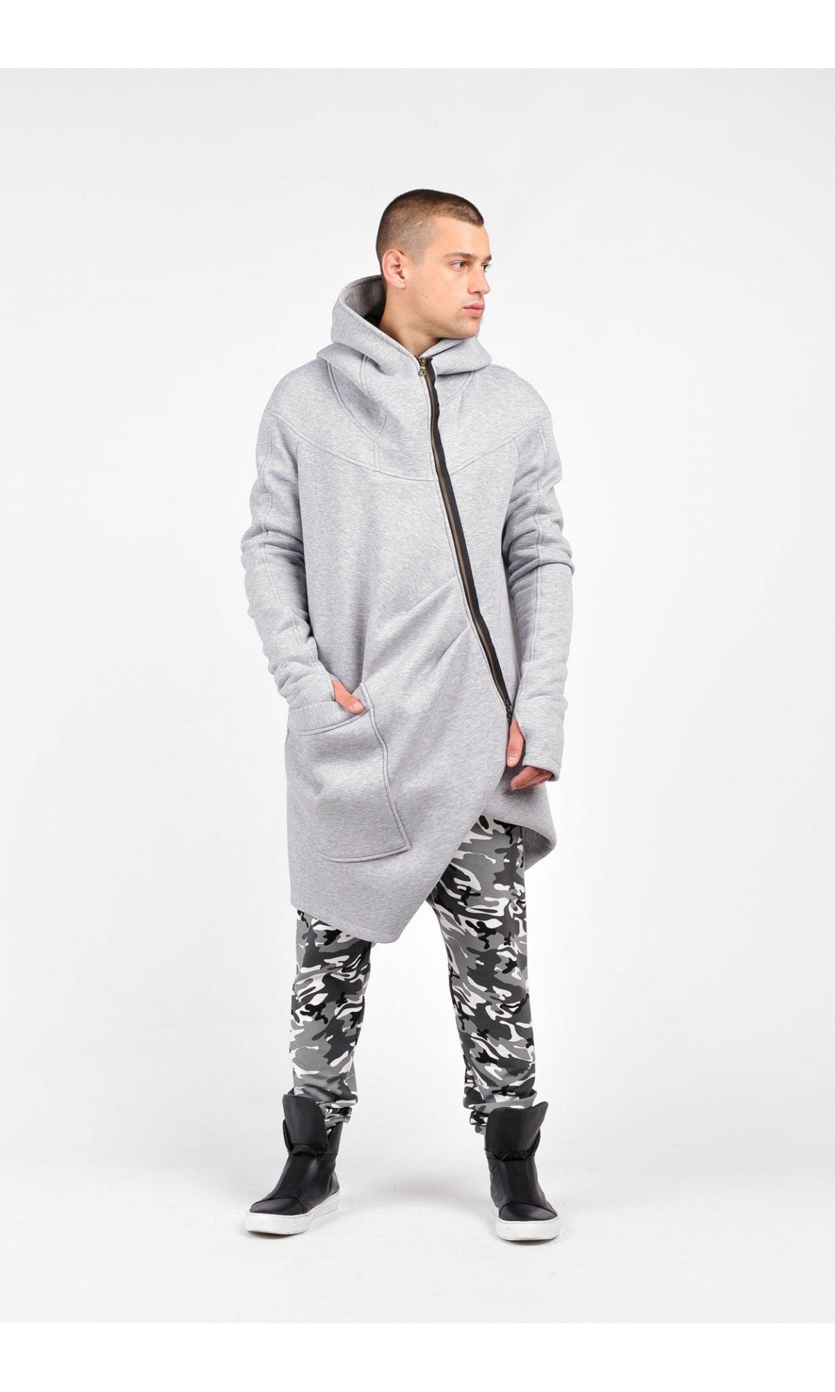 Cotton Fleece Hoodie with Asymmetric Closure