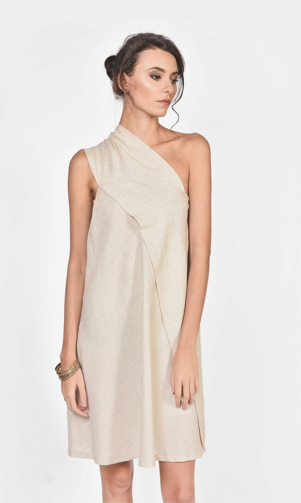 One Shoulder Mini Linen Dress - AAKASHA