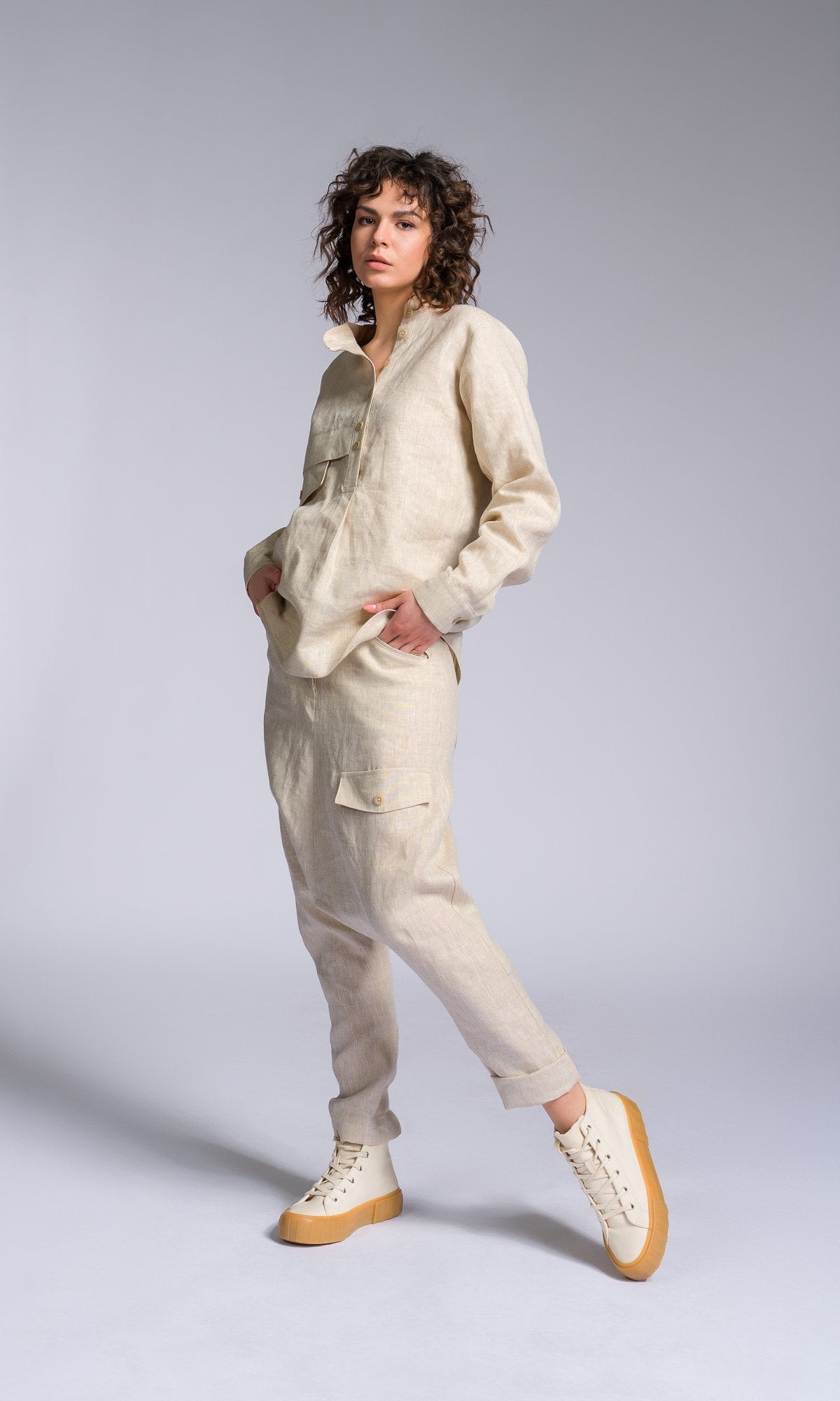 Two-piece Set of Linen Shirt and Pants with Decorative Flap Pockets - AAKASHA