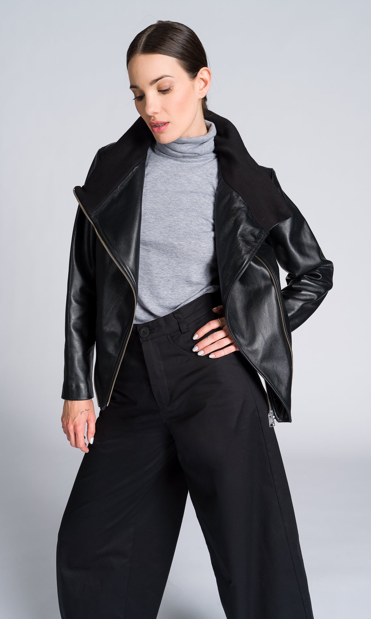 Asymmetric Zipper Leather Jacket - AAKASHA