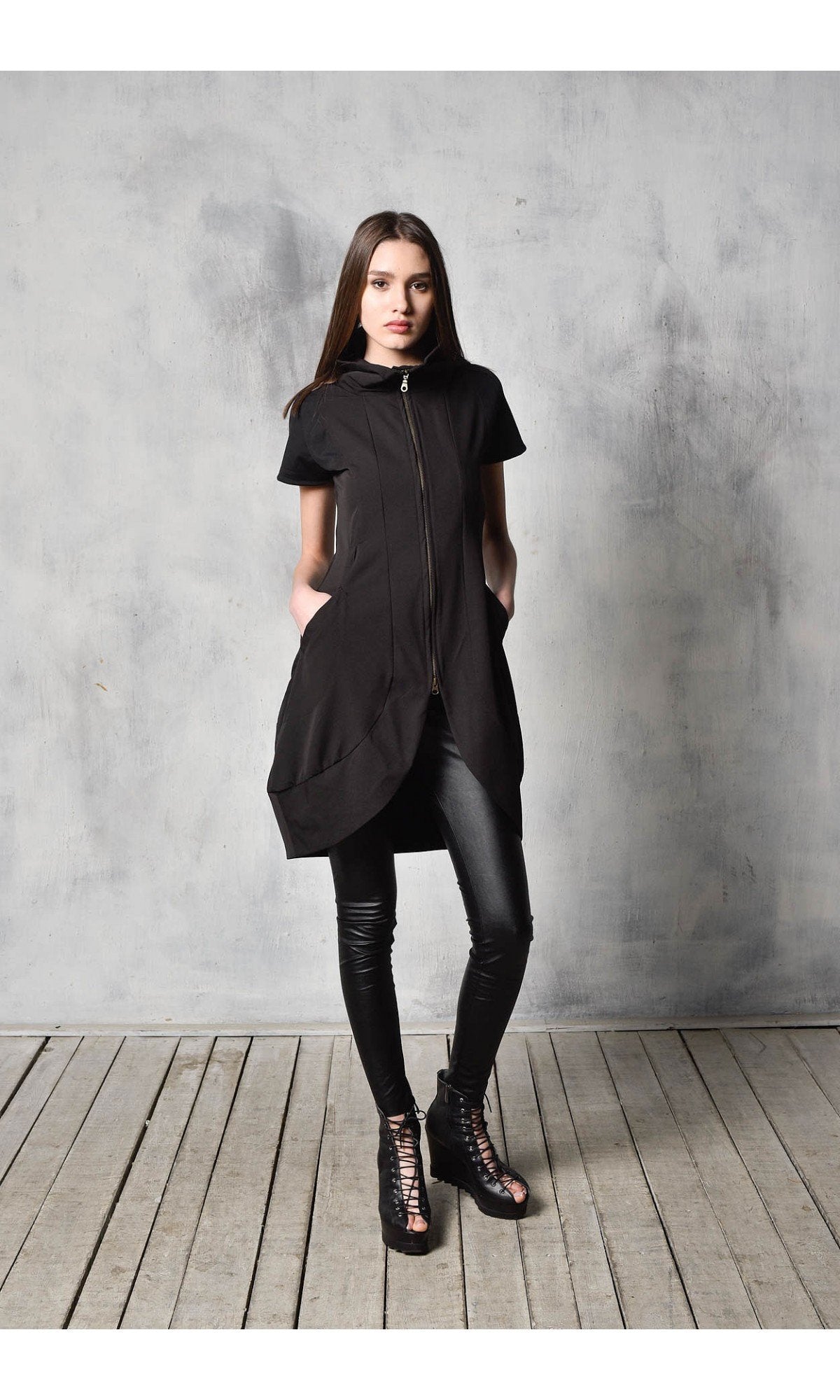 Black Tunic Dress with Front Zipper - AAKASHA