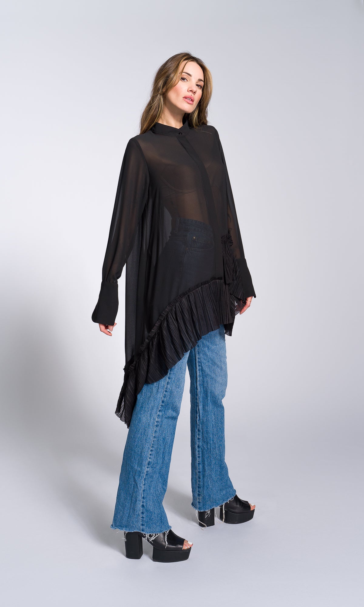 Pleated Hem Asymmetric Chiffon Shirt - AAKASHA