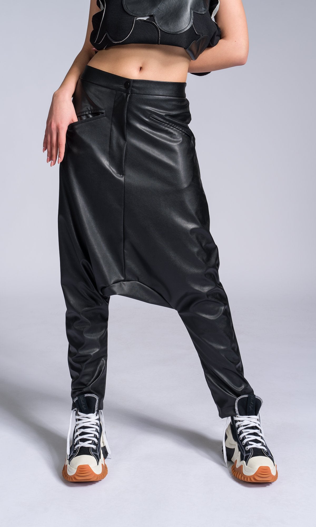 Vegan Leather Pants with Deep Drop Crotch - AAKASHA