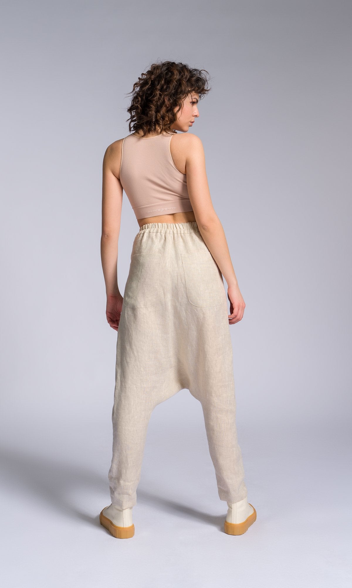 Linen Drop Crotch Pants with Decorative Flap Pocket