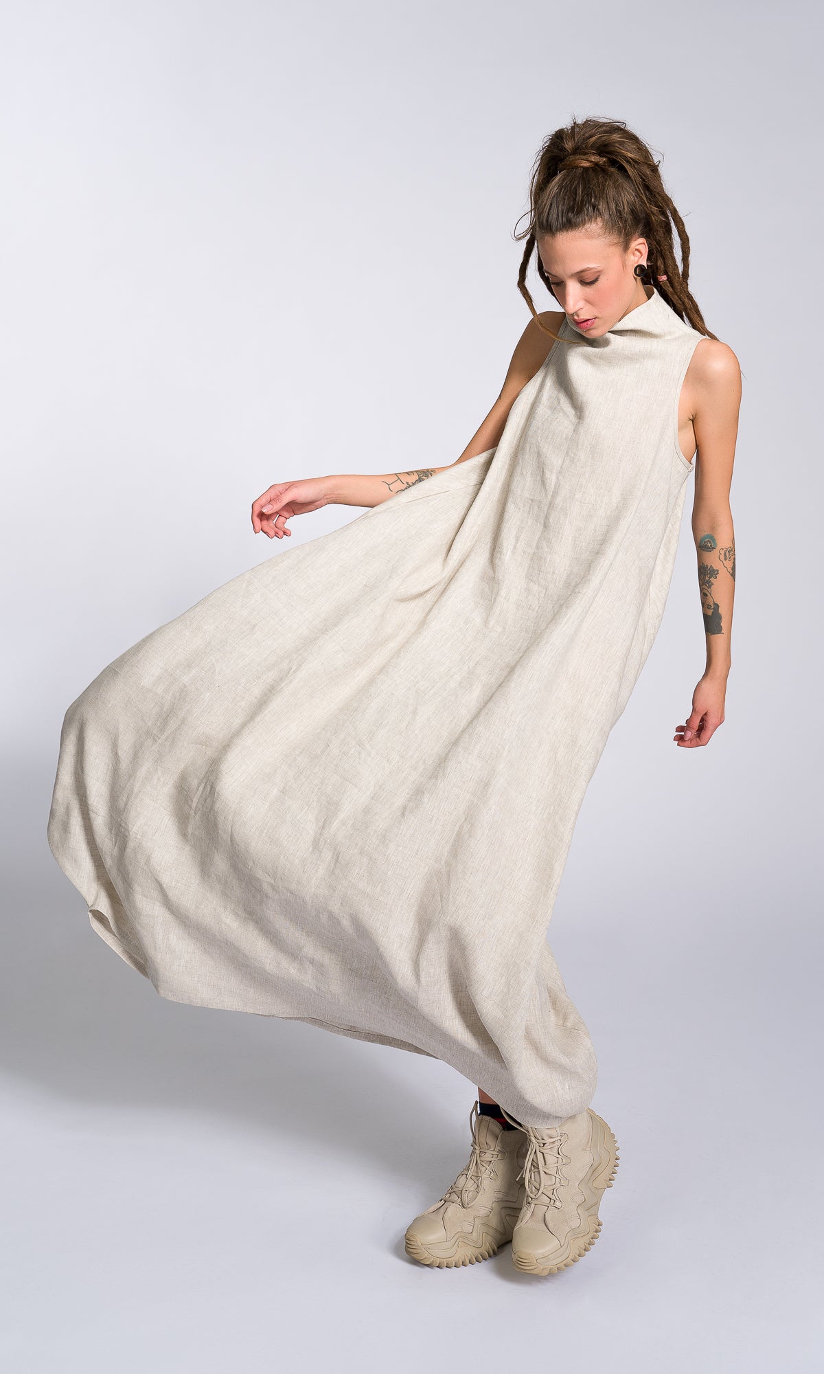 Linen High Neck Cocoon Dress - AAKASHA