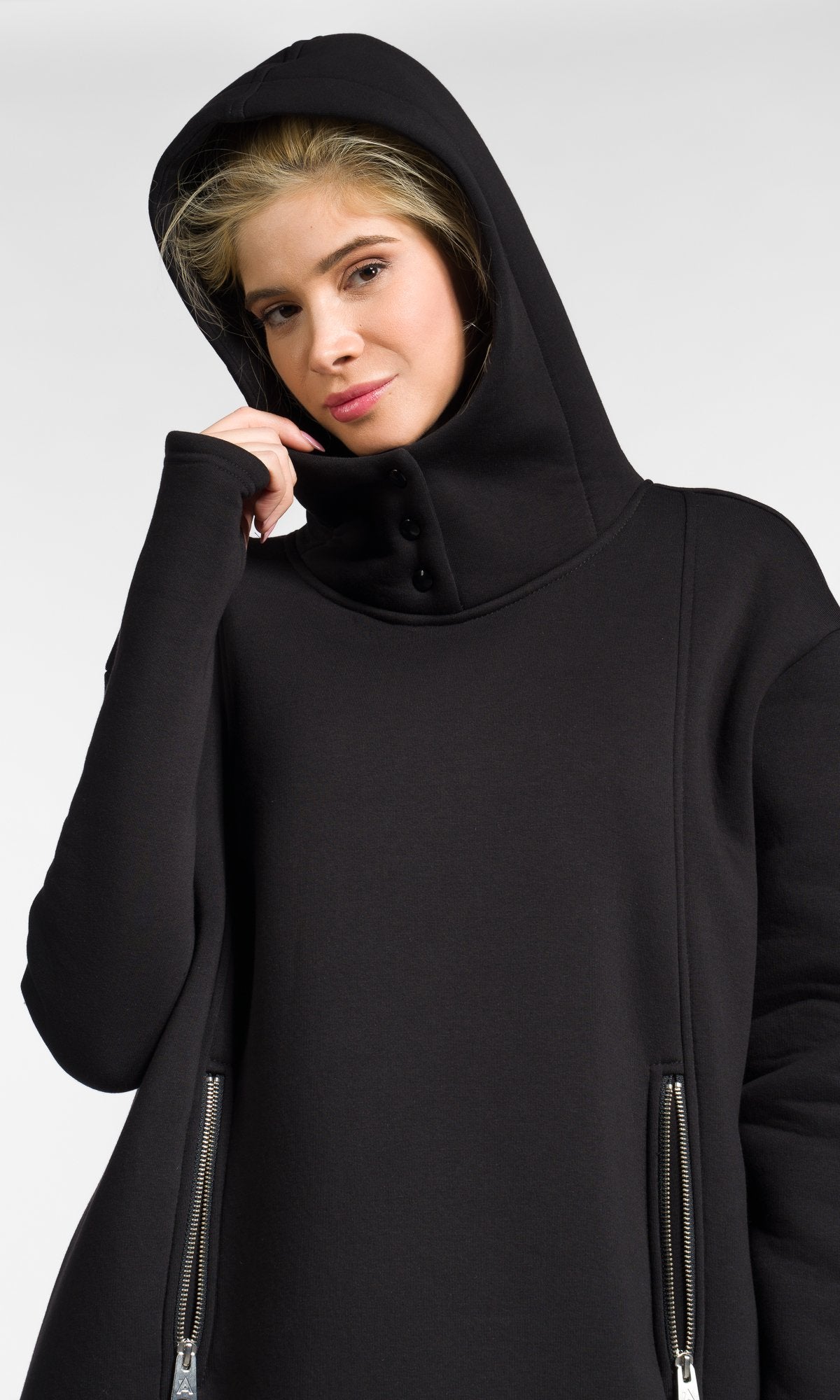 Extra Long Hoodie Dress with Zipper Pockets - AAKASHA