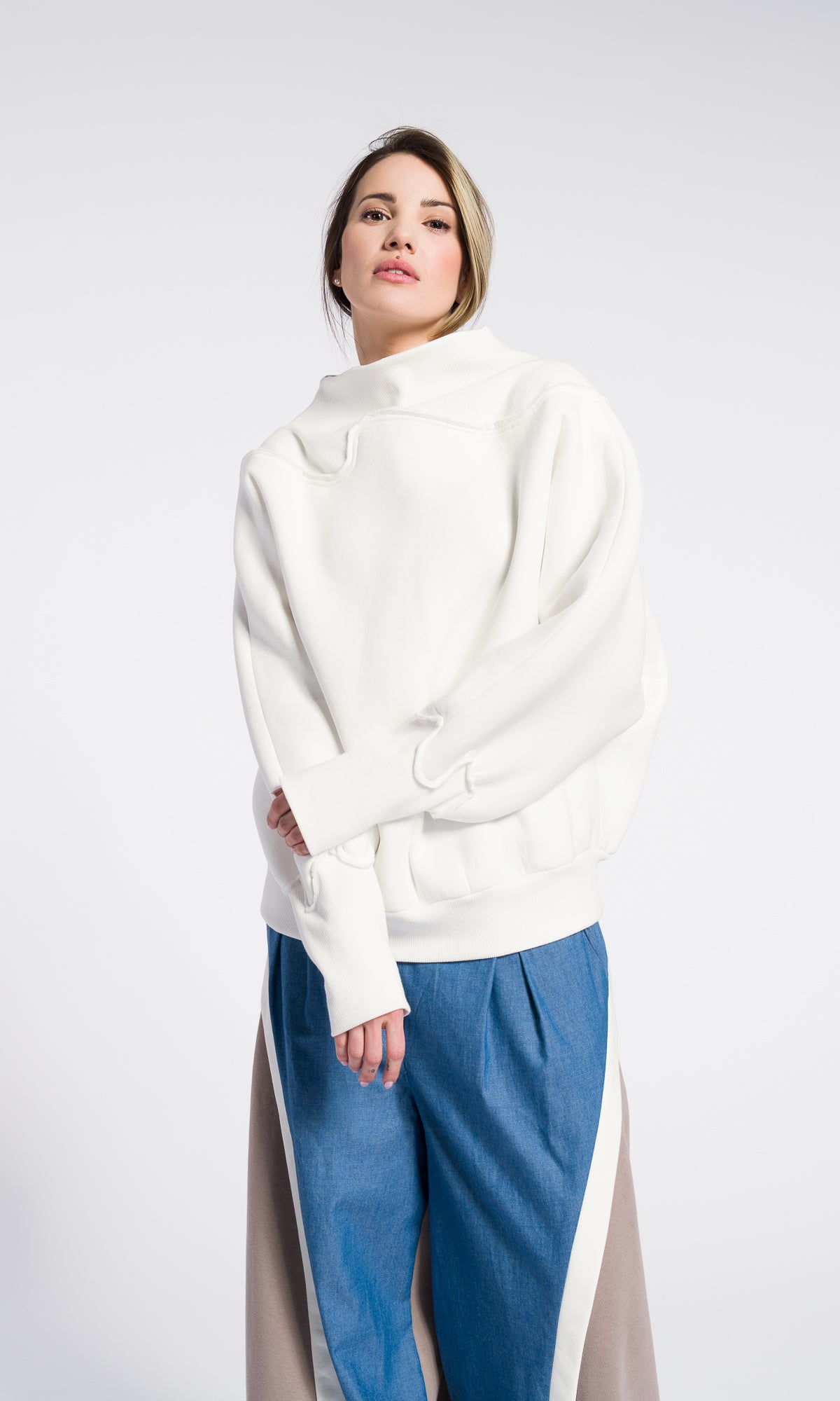 Oversized Sweatshirt Women – Minimalist Cotton Blend Top, Long Sleeve Off White Loose Pullover, Modern Asymmetrical Neckline
