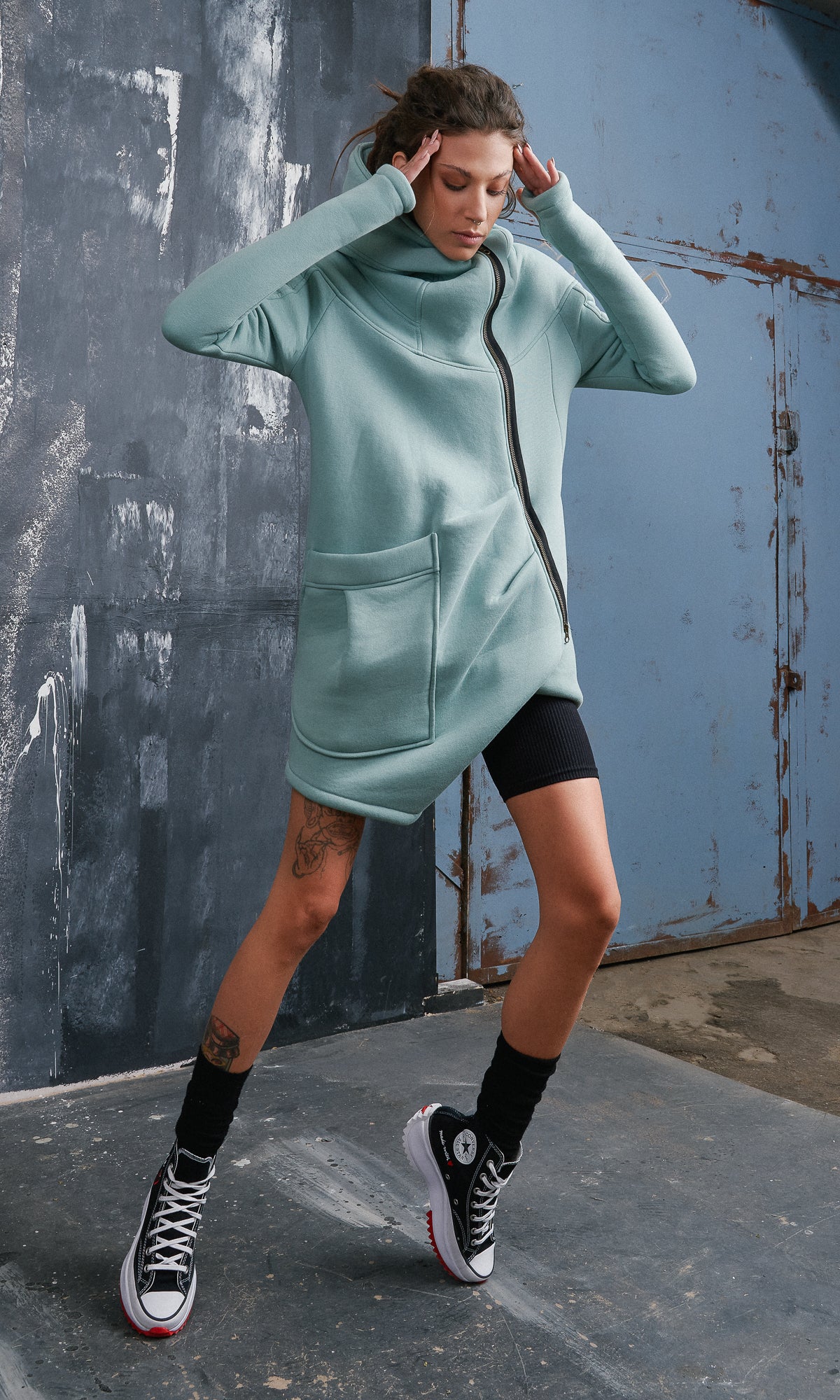 Cotton Fleece Hoodie with Asymmetric Closure - AAKASHA