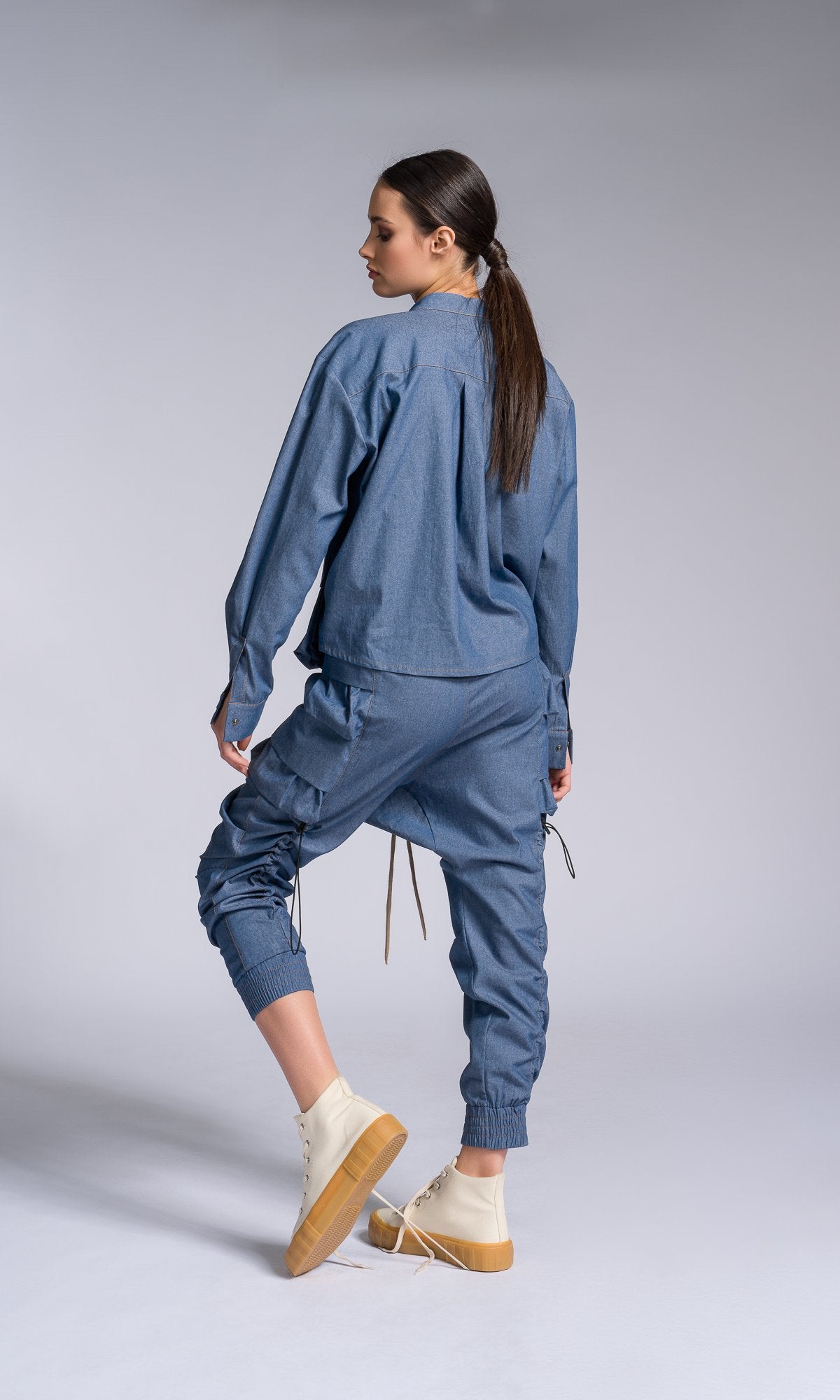 Two-piece Set of Chambray Pants and Shirt with Layered Cargo Pockets - AAKASHA