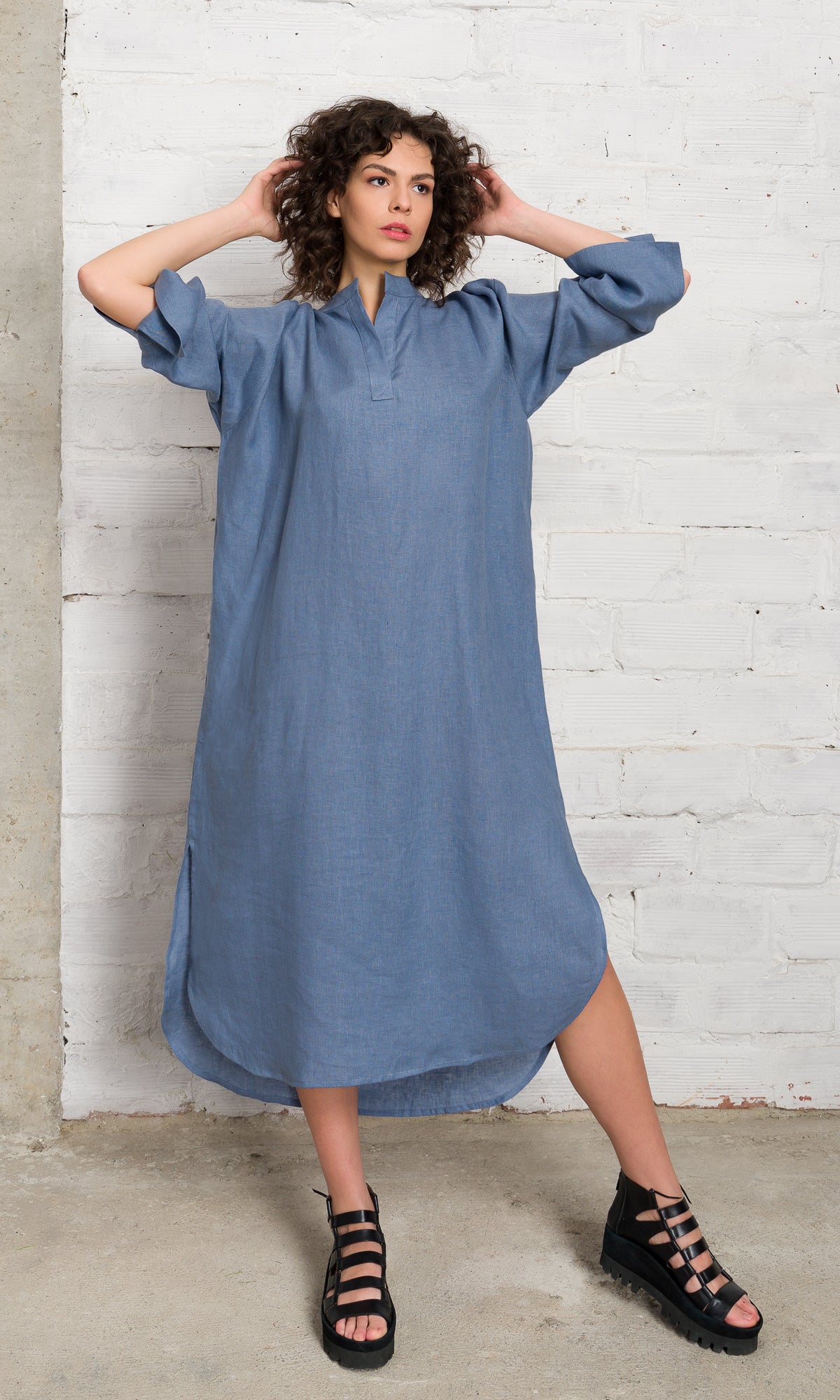 Relaxed Fit Linen Shirt Dress - AAKASHA