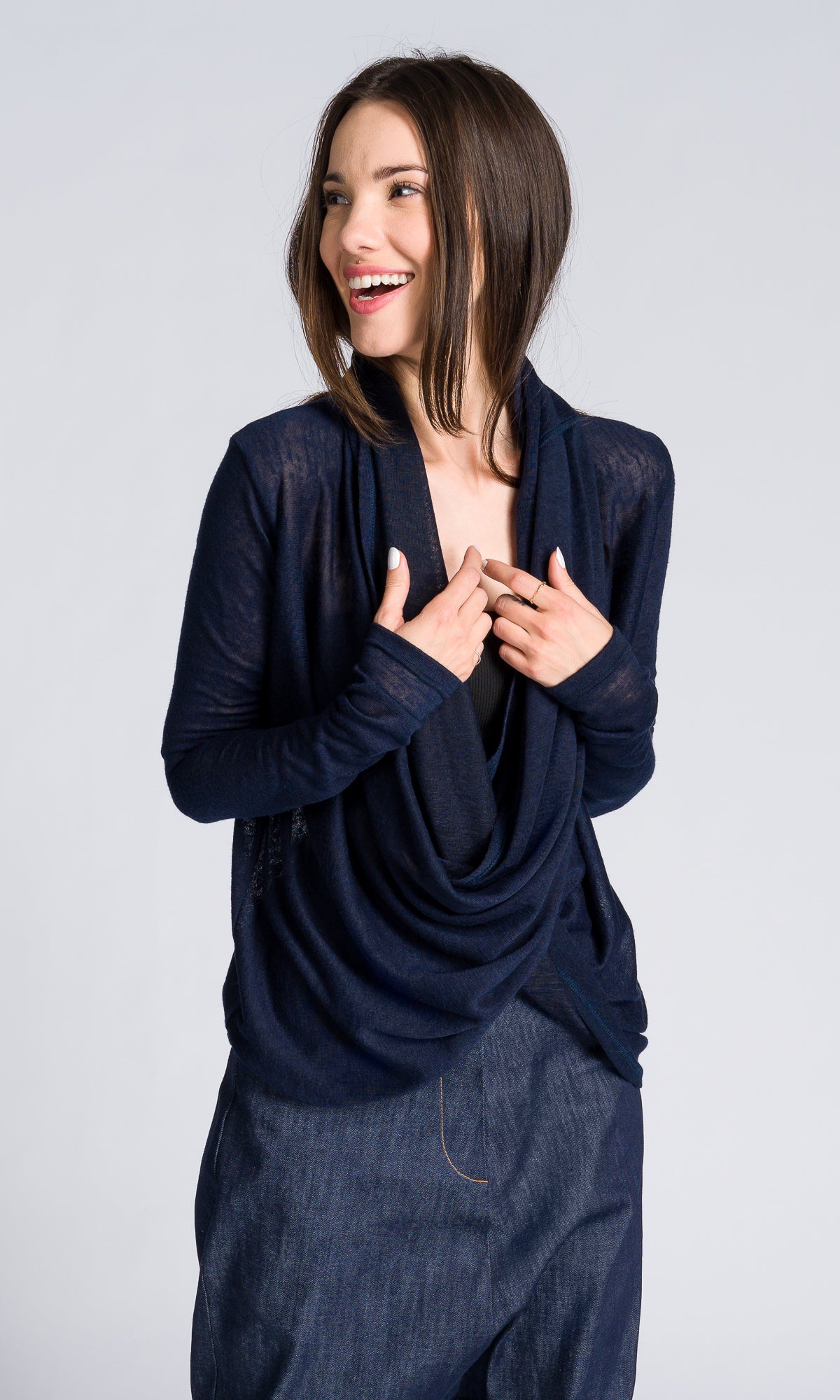 Long-sleeve Top with Long Draped Front - AAKASHA