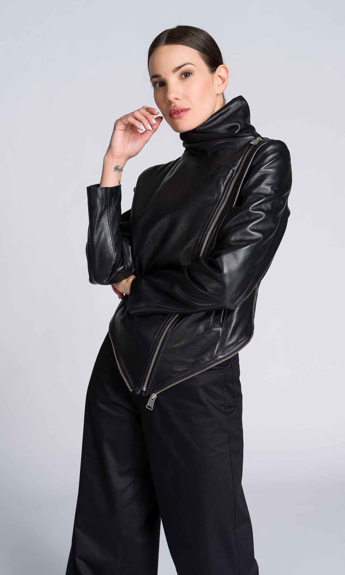 Asymmetric Zipper Leather Jacket - AAKASHA