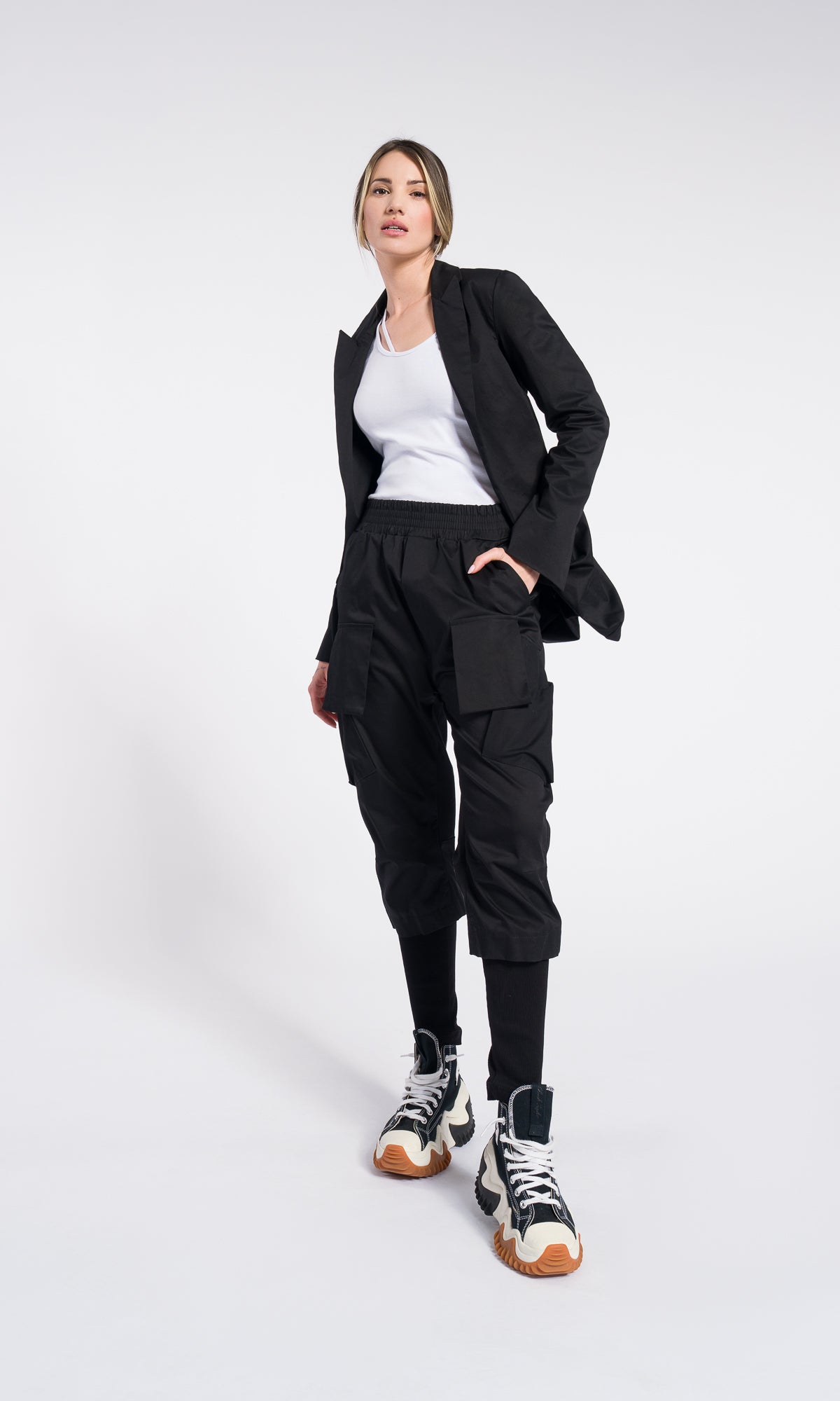Black Asymmetrical Utility Blazer with Statement Pockets – Modern Minimalist Jacket