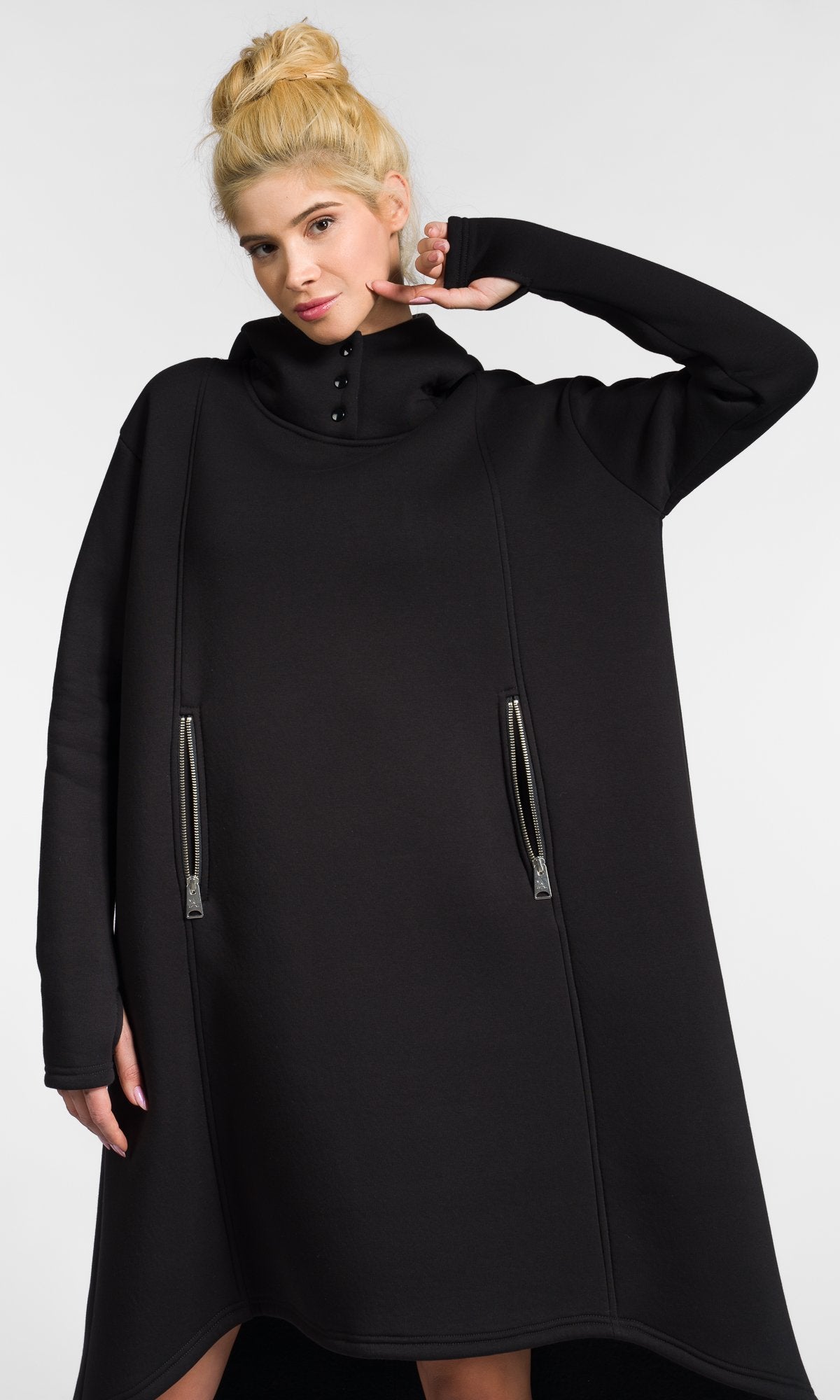 Extra Long Hoodie Dress with Zipper Pockets - AAKASHA