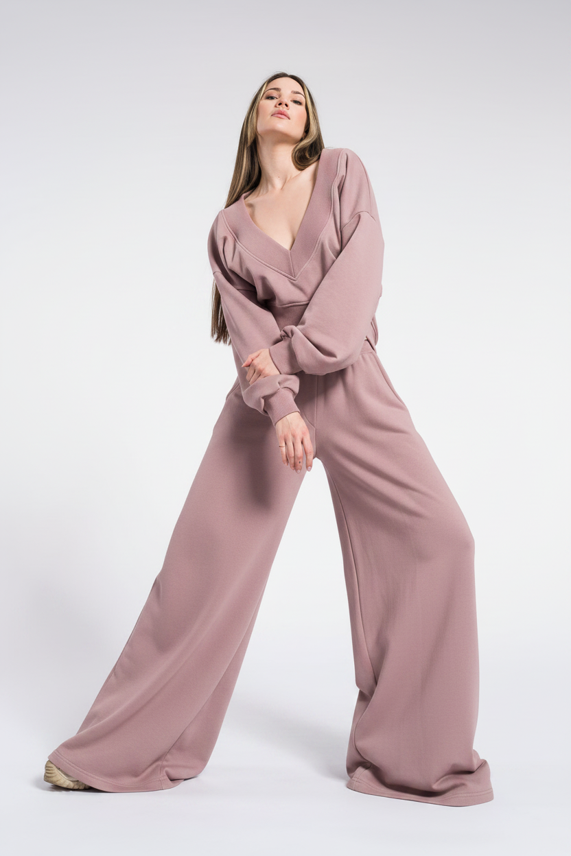 Set aus kurzem Oberteil mit V-Ausschnitt und weit geschnittener Hose, lässiges Baumwoll-Set