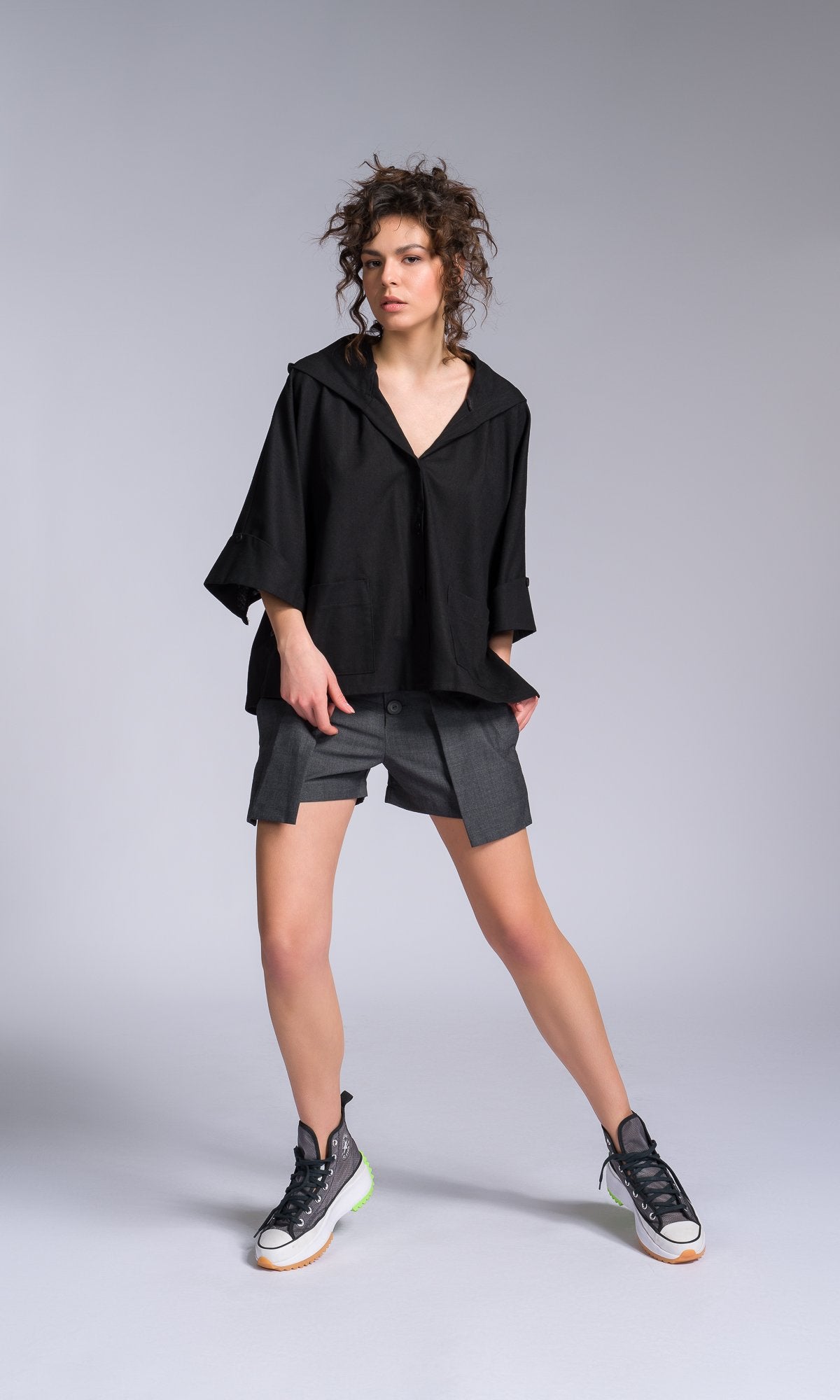 Linen Hooded Batwing Shirt - AAKASHA