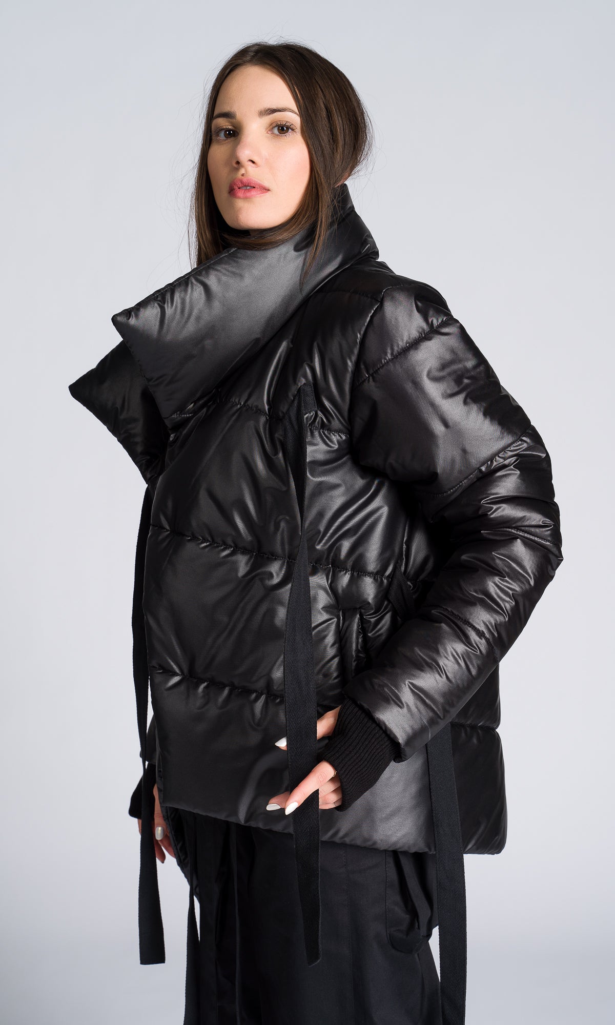 Asymmetric Quilted Jacket with Ribbon Closure